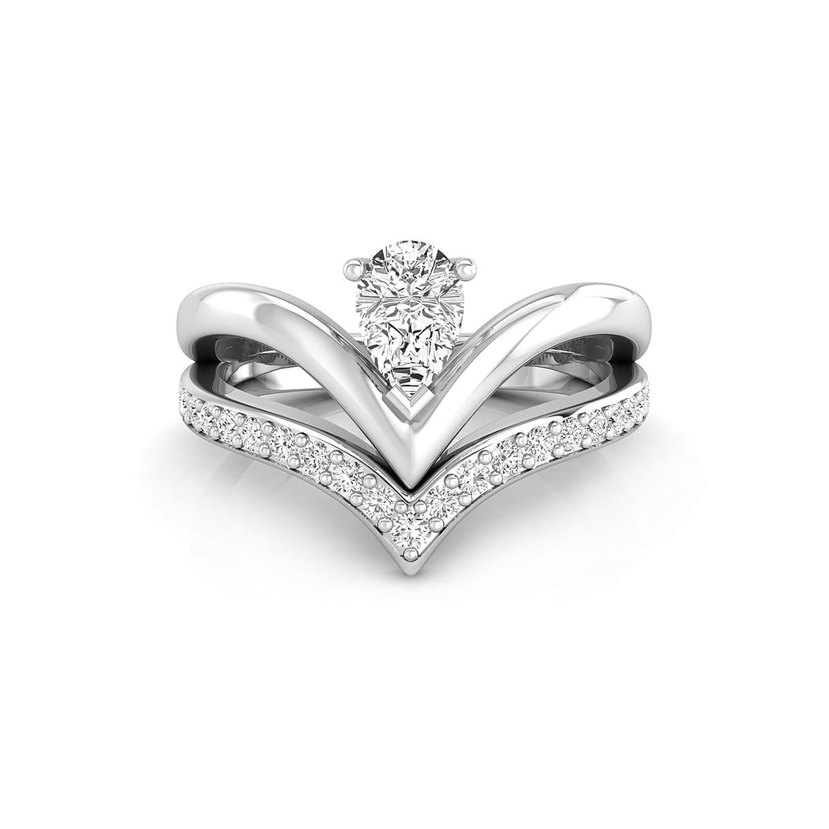 Pear CZ Stone Open Double Layer Chevron Engagement Band Ring In 925 Silver (7/9 TCW)