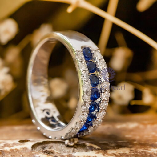 Blue & White Round CZ Stone Channel Set Half Eternity Stacking Band Ring For Women