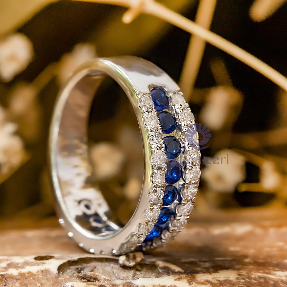 Blue & White Round CZ Stone Channel Set Half Eternity Stacking Band Ring For Women (1 3/8 TCW)