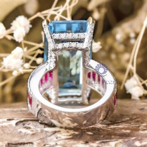 Aquablue Emerald & Pink Baguette, Round Cut CZ Gemstone Unique Party Wear Ring