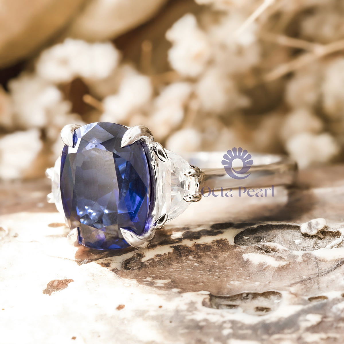 12x9 MM Blue Sapphire Cushion & Half Moon Cut Three Stone Handmade Ring For Women
