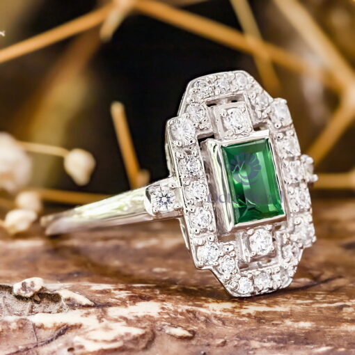 Green Emerald & Round Cut CZ Stone Vintage Art Deco Wedding Bridal Ring