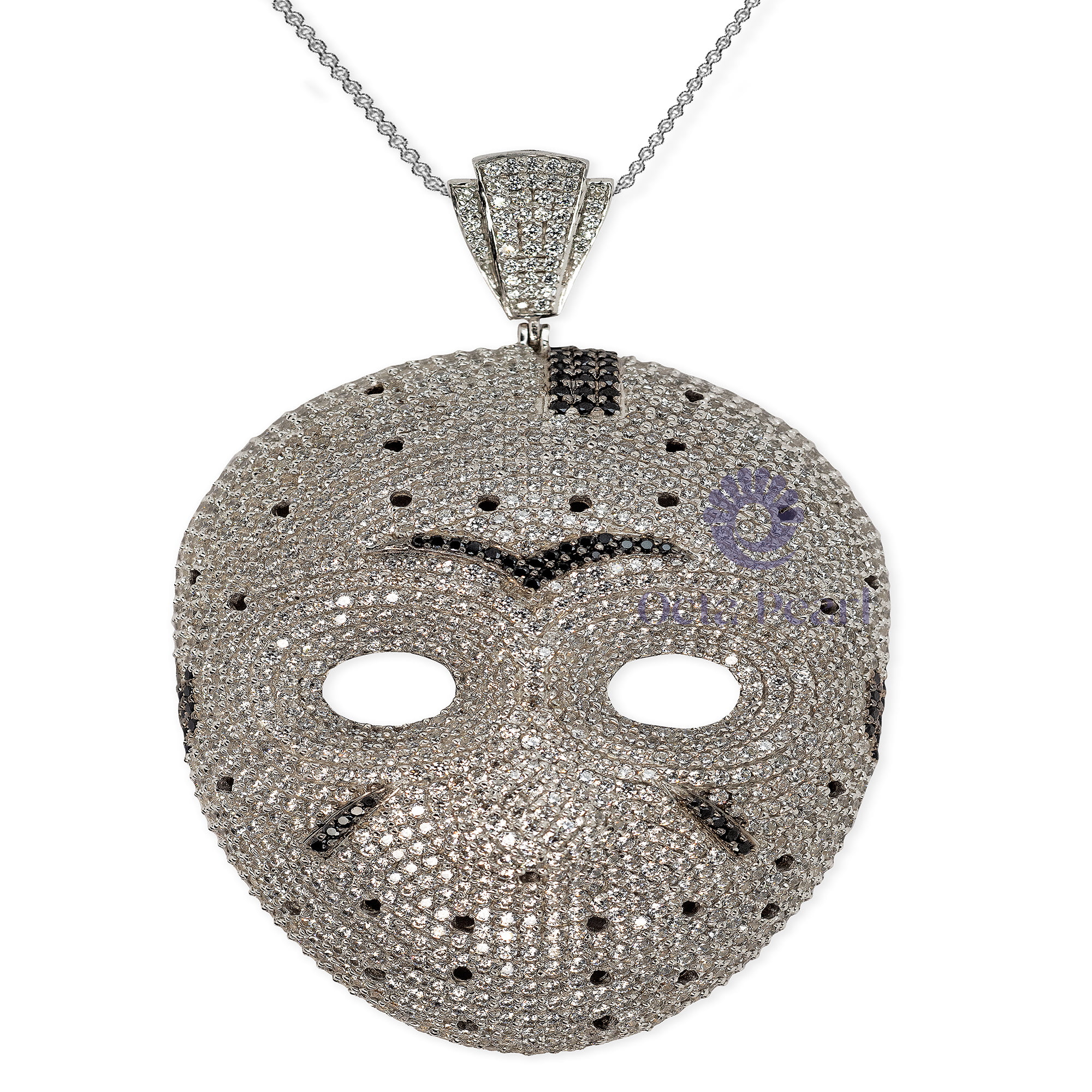 Men's Pave Set Round Cut Black & White CZ Stone Jason Mask Pendant For Halloween In 925 Silver ( 14 1/2 TCW )
