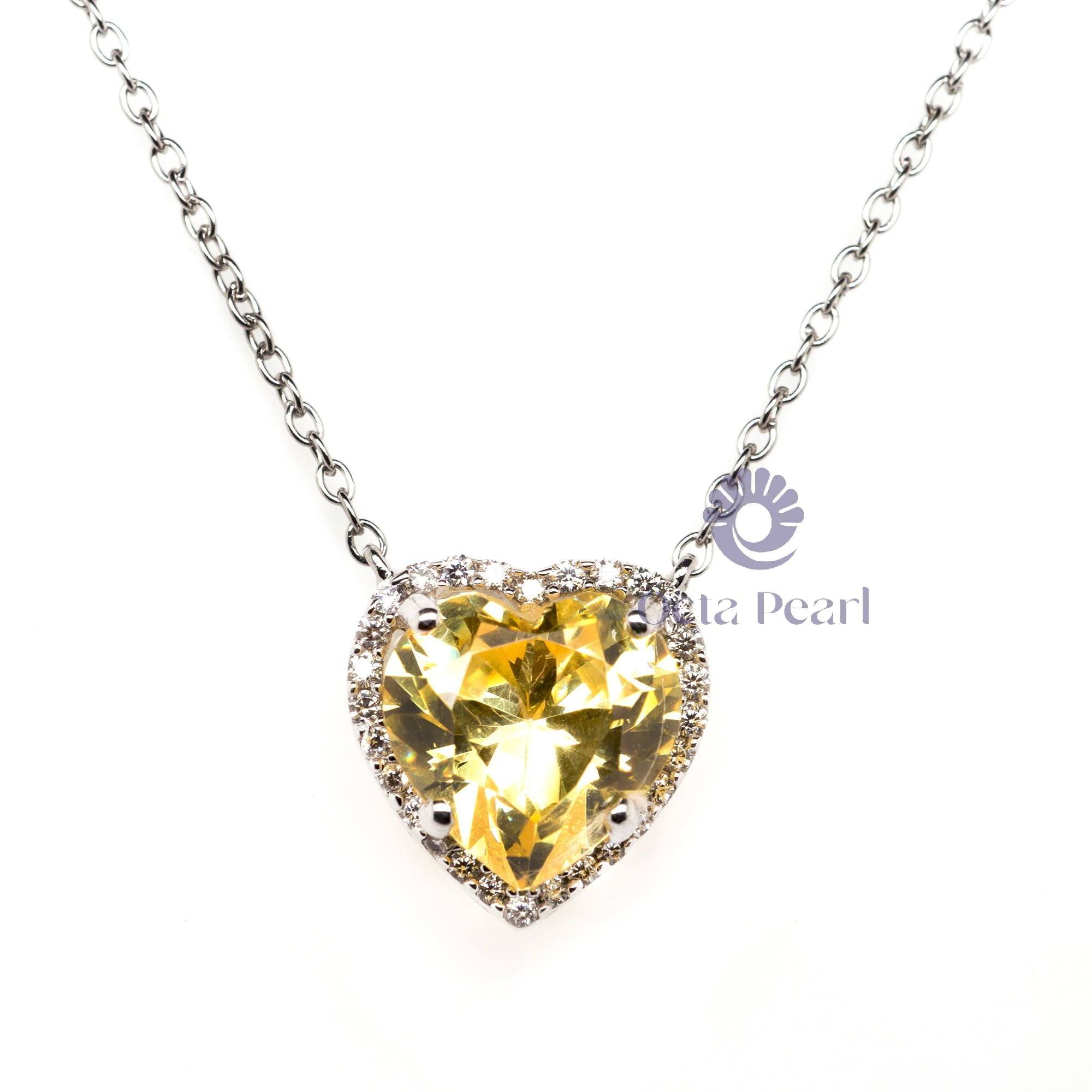 Heart-Shape Canary Yellow CZ Stone With Surrounded Colorless Stone Women's Gift Necklace