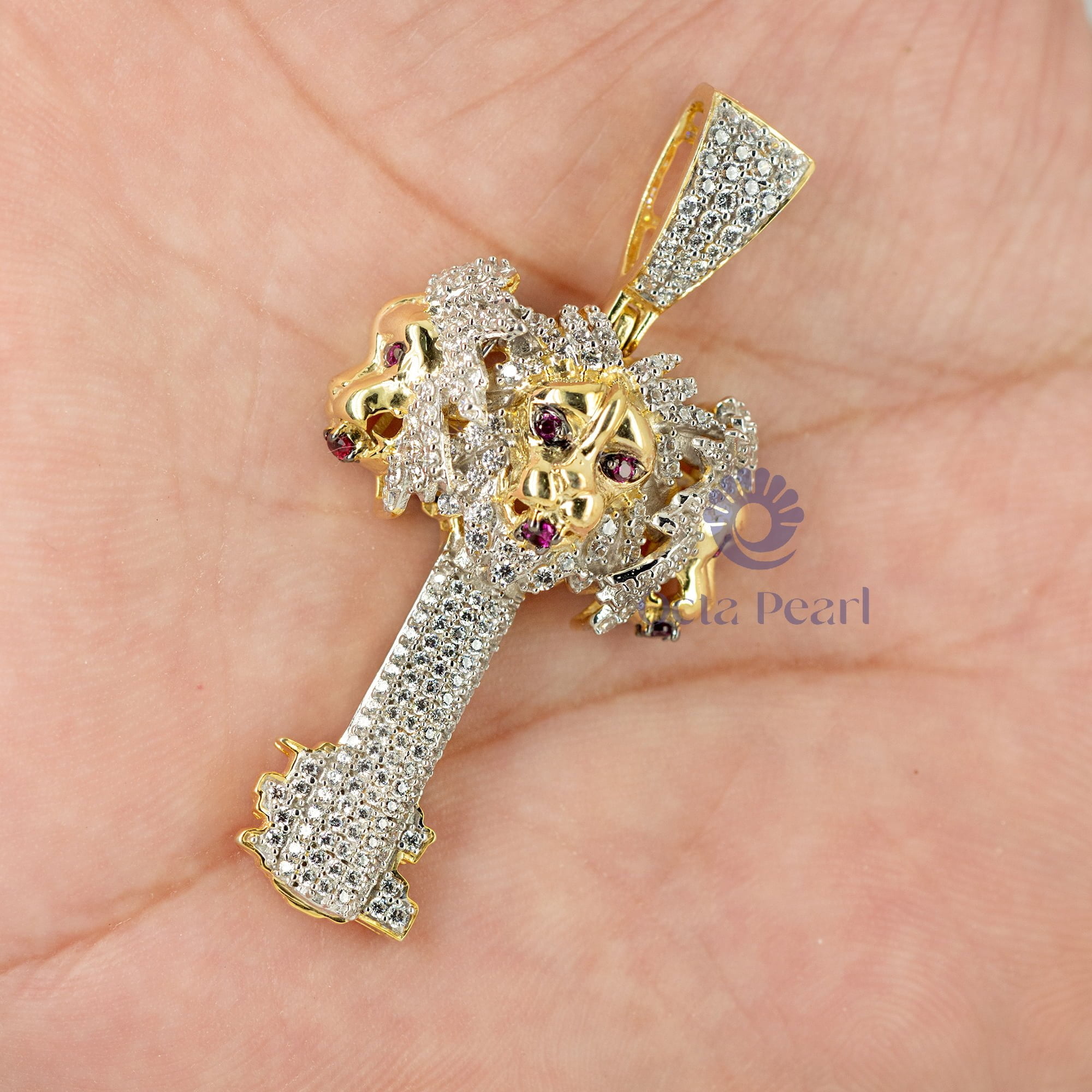 Round Cut Pink Ruby Or White CZ Stone Three Lion Face Head Key Charm Pendant For Men ( 1 1/5 TCW)