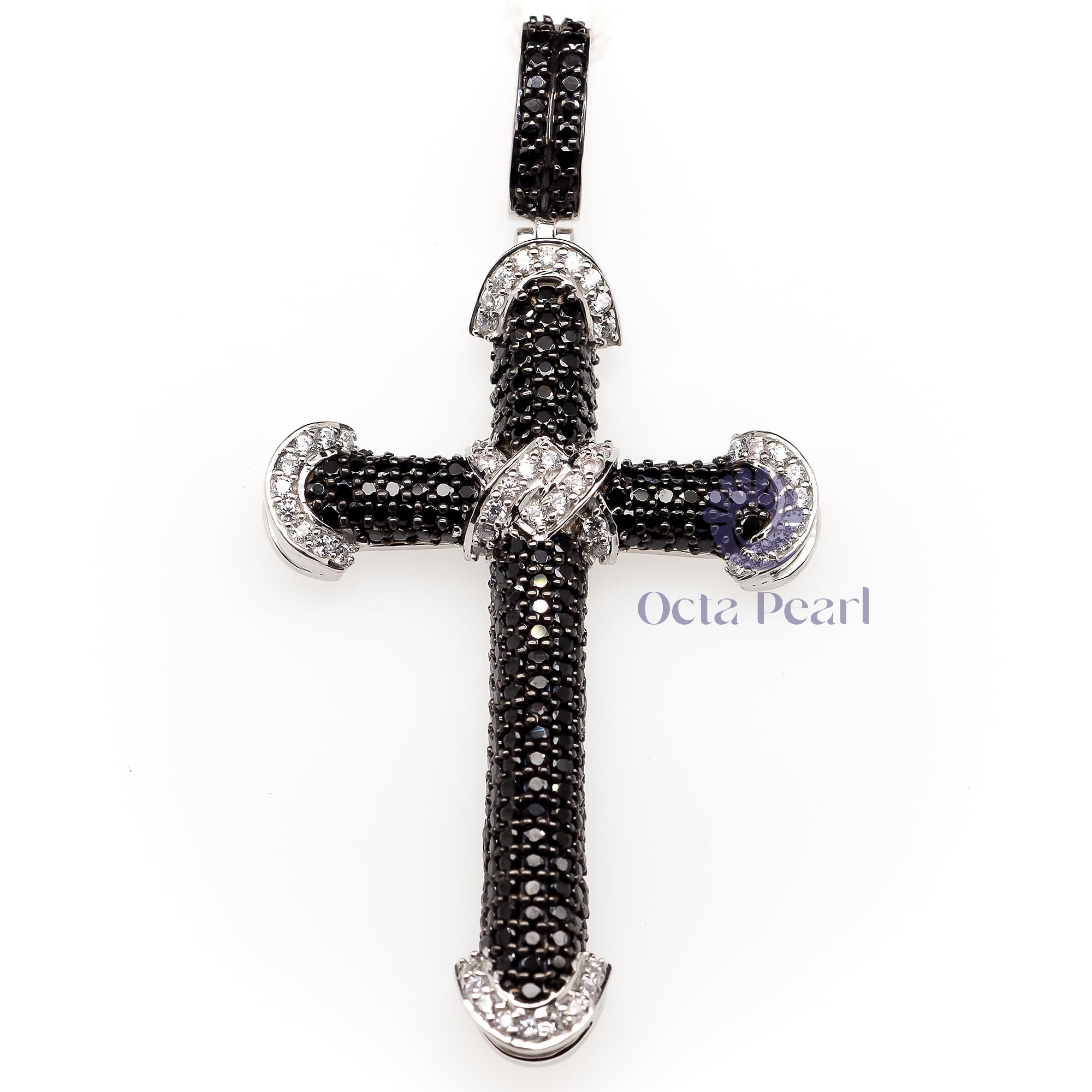 Embellished Round Cut CZ Stone Black & White Pave Set Cristian Cross Pendant For Men-Women