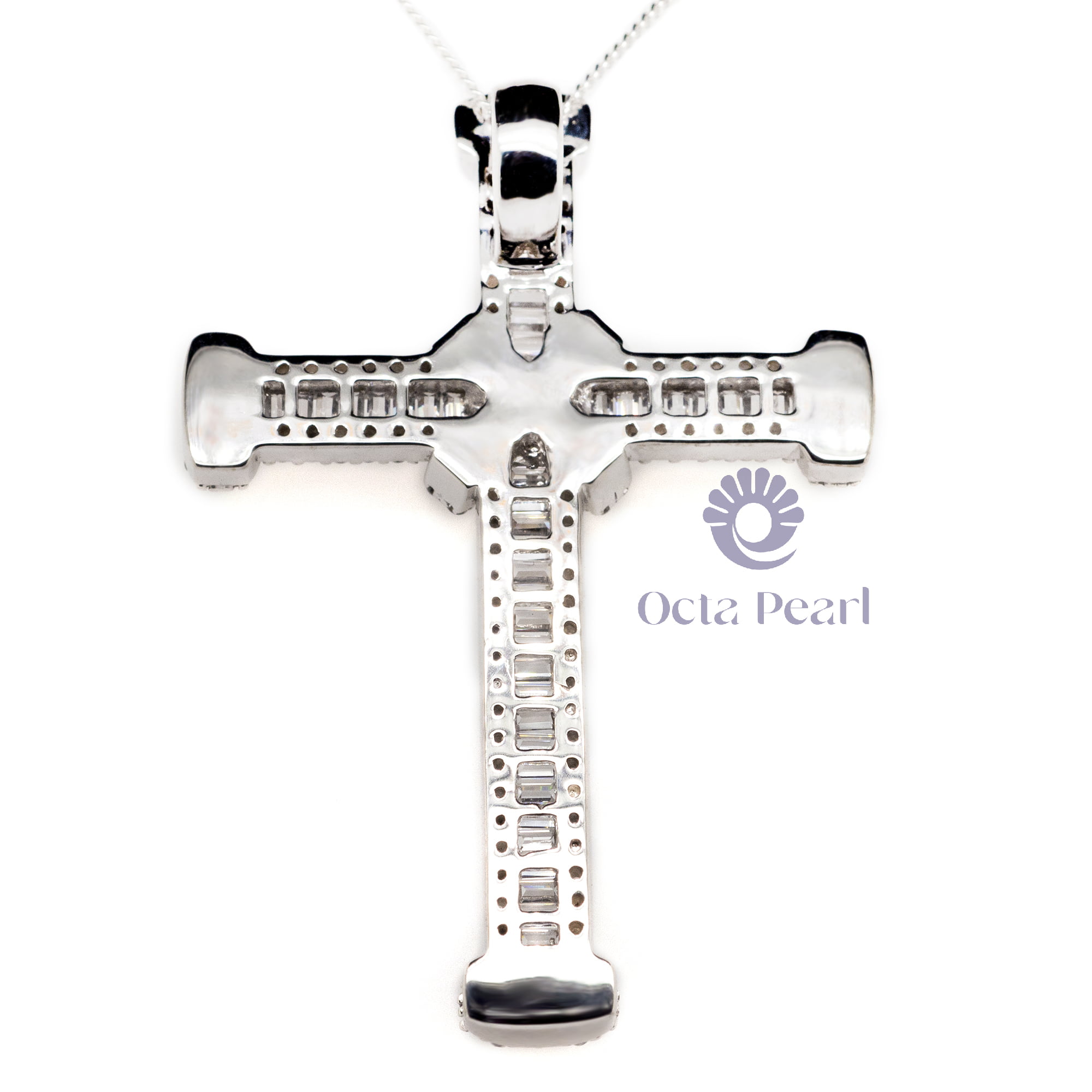 Round & Baguette Cut White CZ Stone Religious Holy Christian Cross Pendant For Men & Women