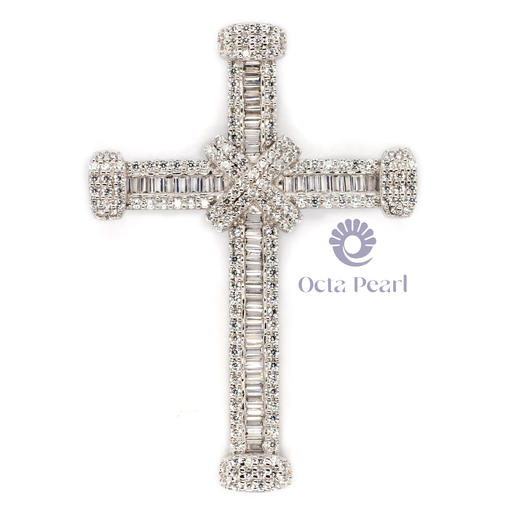 Round & Baguette Cut White CZ Stone Religious Holy Christian Cross Pendant For Men & Women