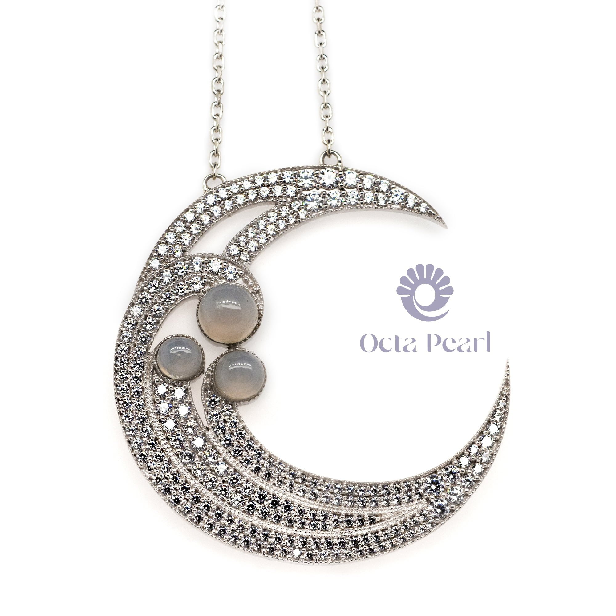 Fancy 3 Half Cabochon With CZ Round Stone Pave Set Beautiful Half Moon Chain Pendant Necklace For Women
