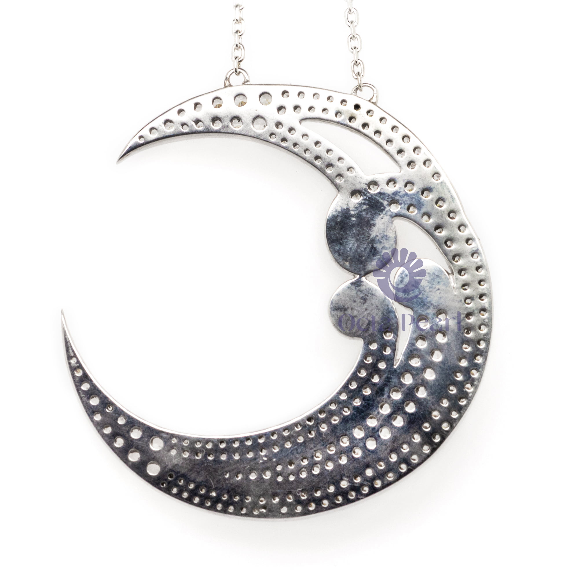 Fancy 3 Half Cabochon With CZ Round Stone Pave Set Beautiful Half Moon Chain Pendant Necklace For Women