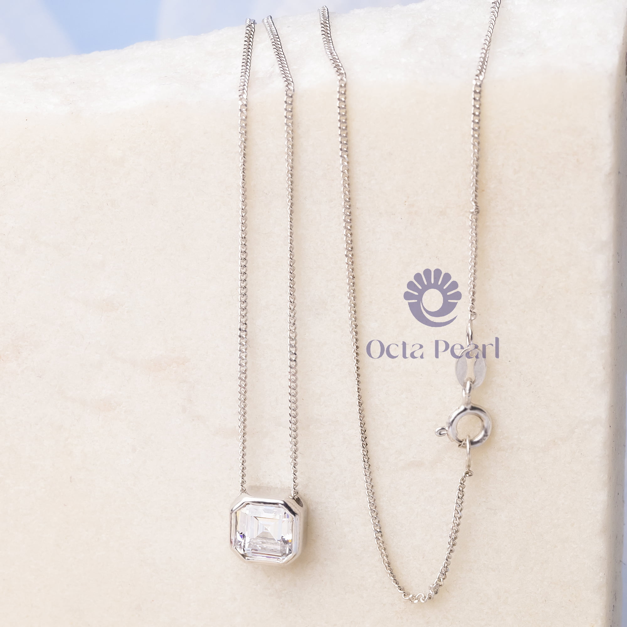 Colorless Asscher Cut Moissanite Bezel Set Delicate Solitaire Chain Necklace For Anniversary Gift