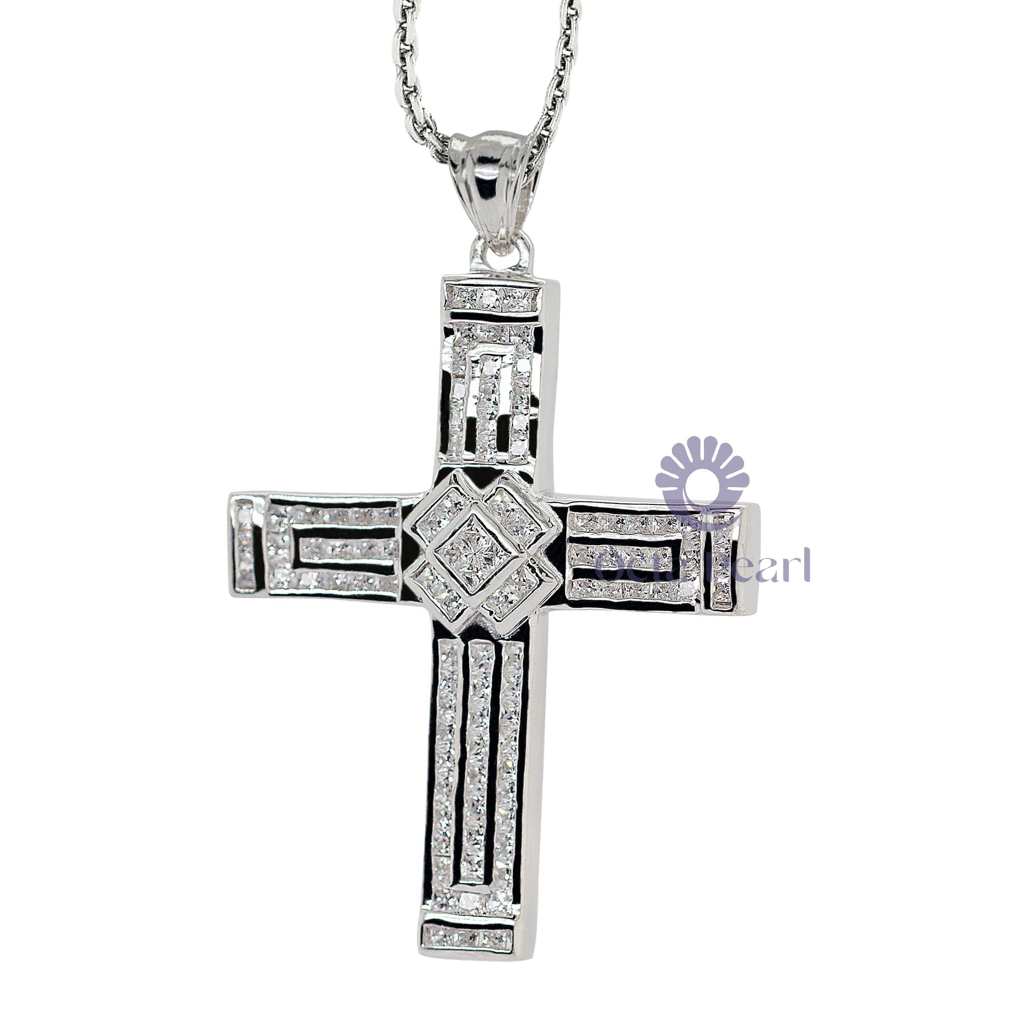 Sparkling Channel Set Princess Cut CZ Stone Cross Religious Handmade Pendant For Christmas Gift (1 3/4 TCW)
