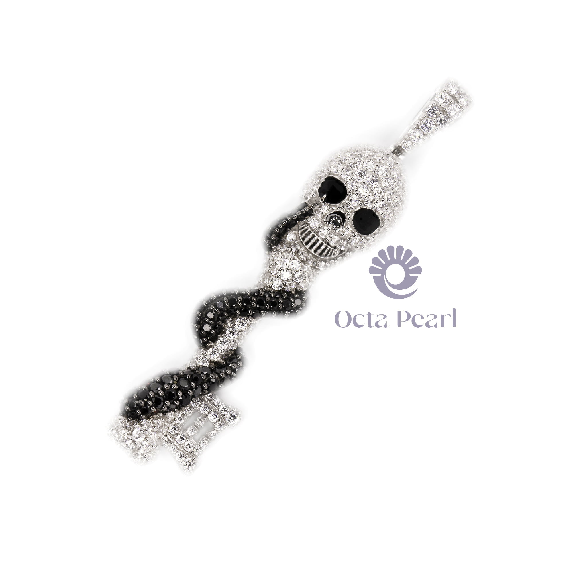 Skeleton Key With Pink Marquise Eye Set Wrapped Snake White & Black CZ Stone Hip-Hop Pendant In 925 Sterling Silver ( 4 1/2 TCW)
