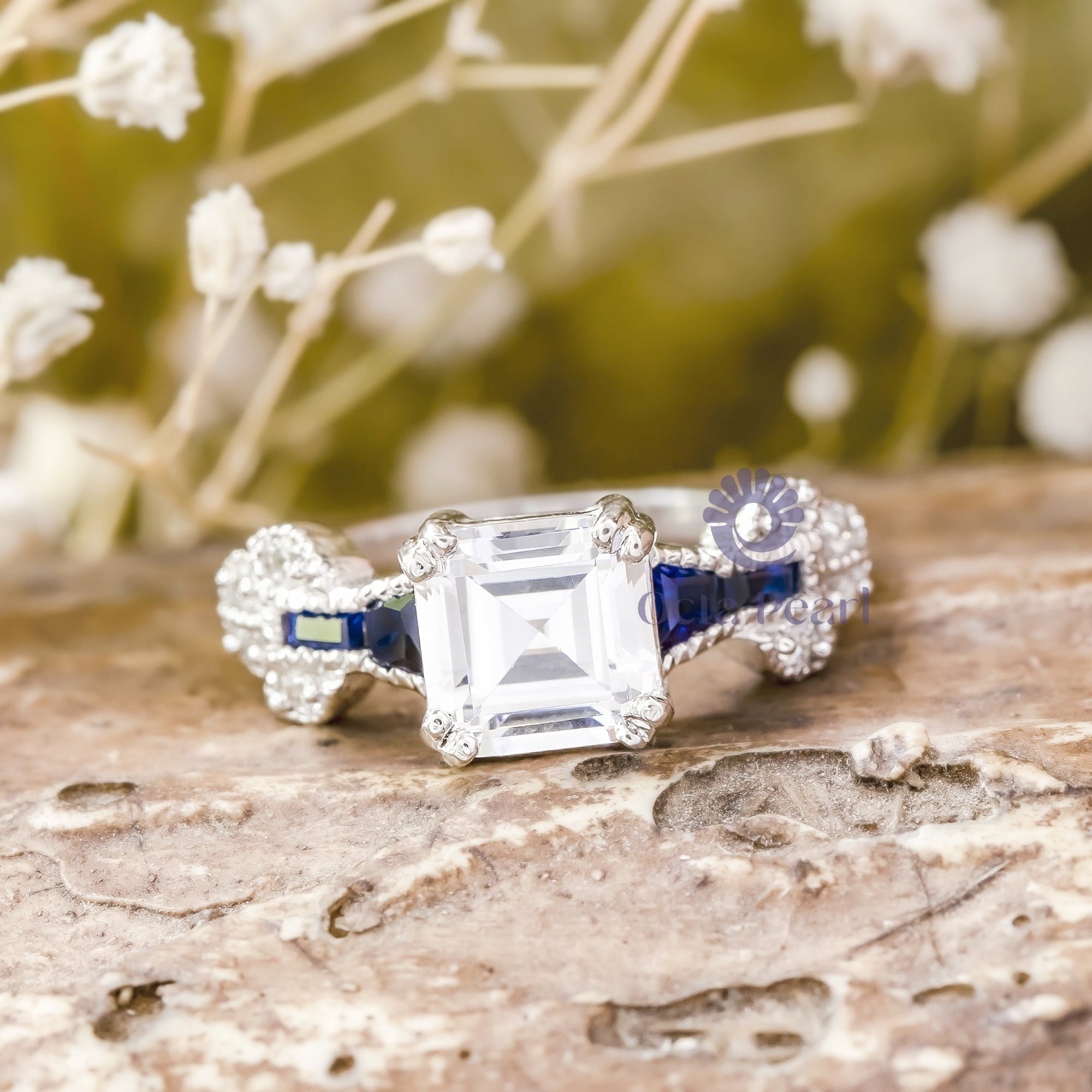 7 MM Asscher Cut Or Baguette Blue CZ Stone Milgrain Vintage Wedding Engagement Ring
