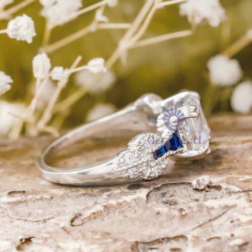 Asscher Cut Or Baguette Blue CZ Stone Milgrain Vintage Wedding Engagement Ring