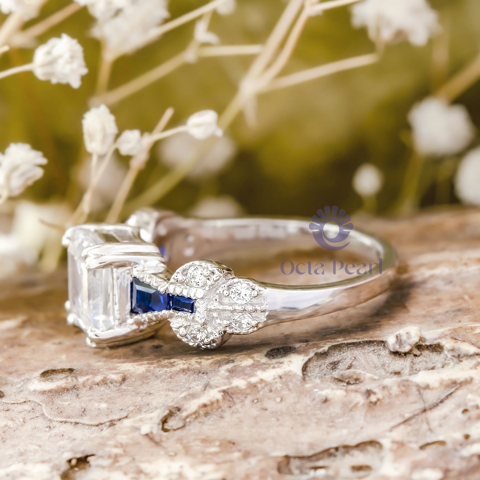 7 MM Asscher Cut Or Baguette Blue CZ Stone Milgrain Vintage Wedding Engagement Ring