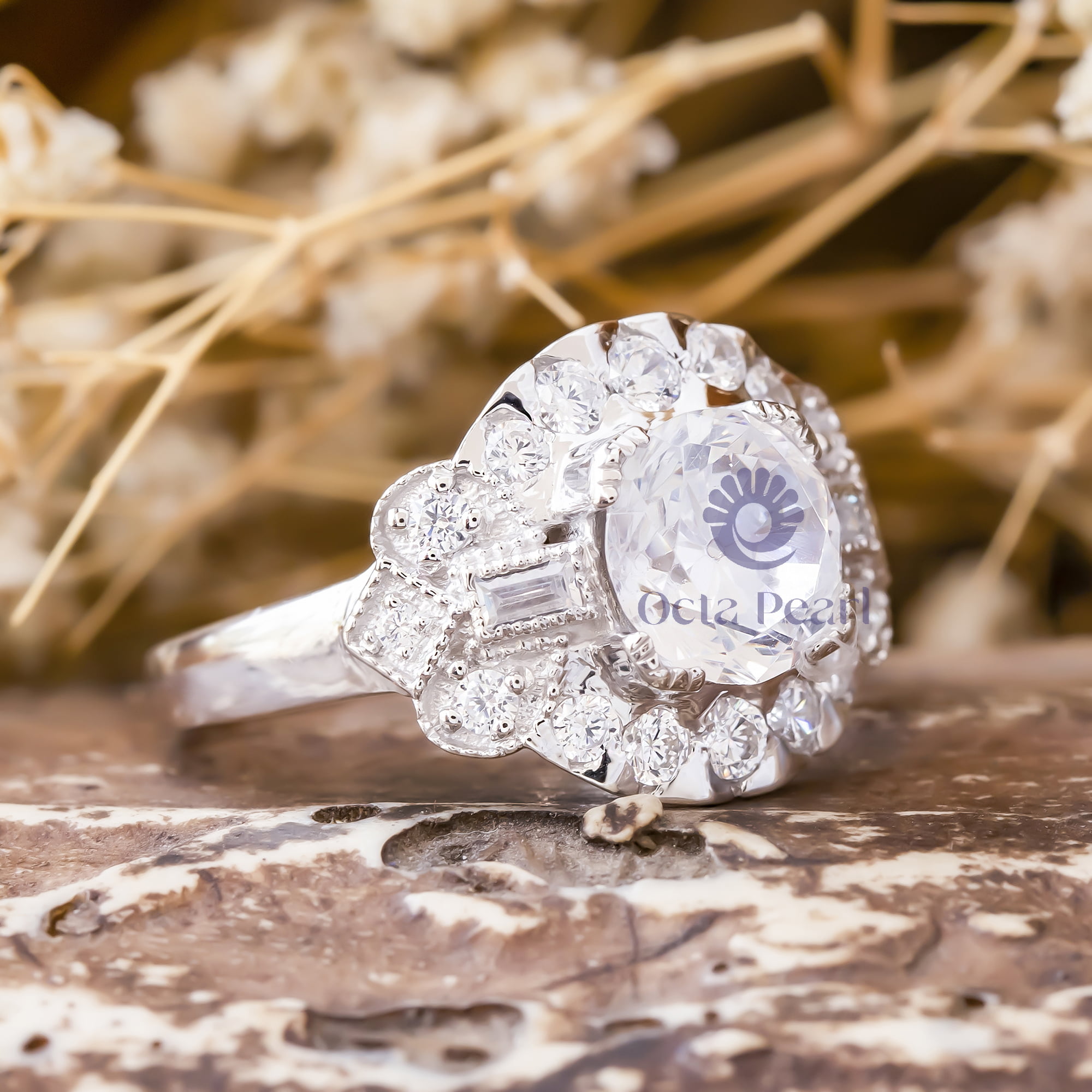 Round & Baguette Cut CZ Stone Vintage Art Deco Wedding Ring (2 4/5 TCW)