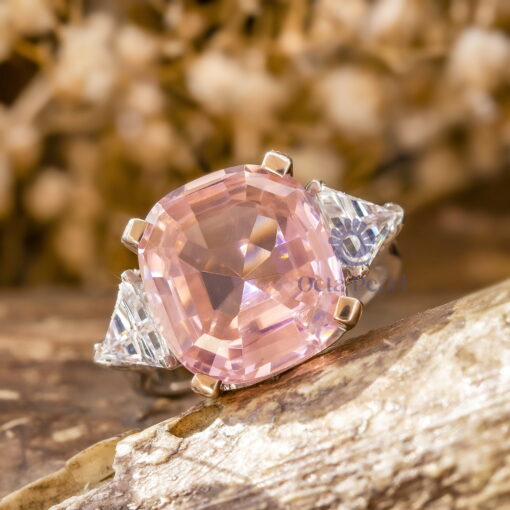 Pink Cushion & White Triangle Cut CZ Three Stone Engagement Promise Ring