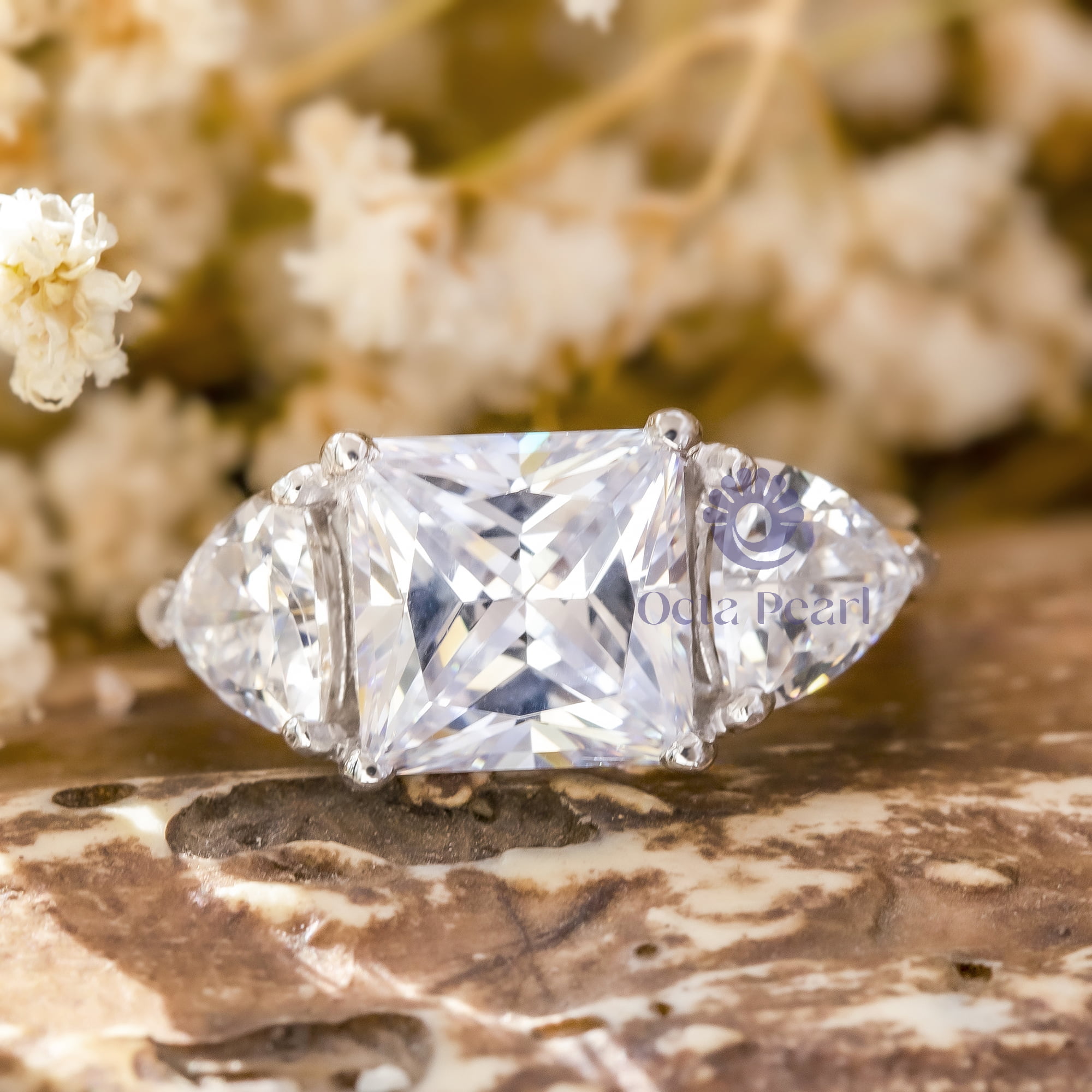Three Stone Princess & Trillion Cut Moissanite Wedding Anniversary Gift Ring (4 2/5 TCW)