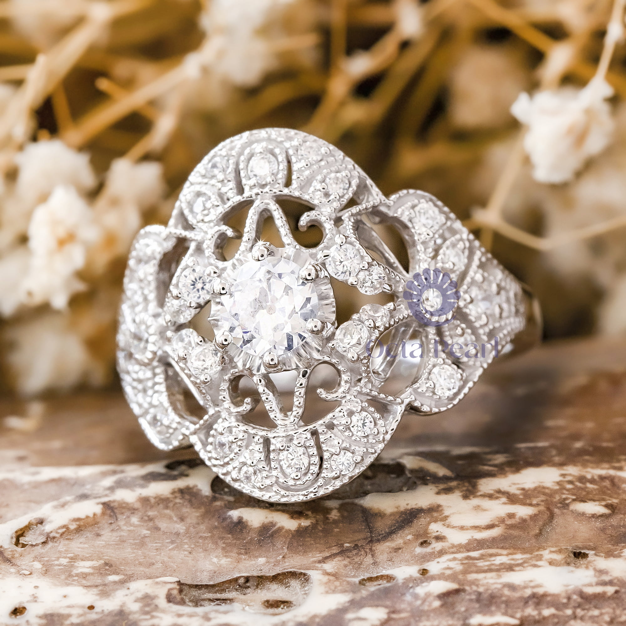 Antique Edwardian Bow Motif Round Moissanite Filigree Art Deco Engagement Ring ( 1/1 TCW)