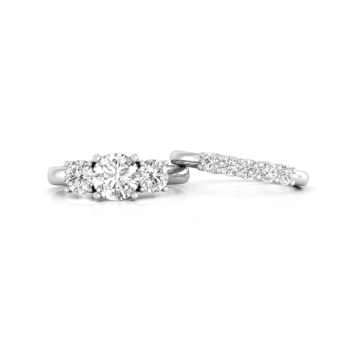 Round Cut Moissanite Three Stone With Stacking Band Ring Set For Women