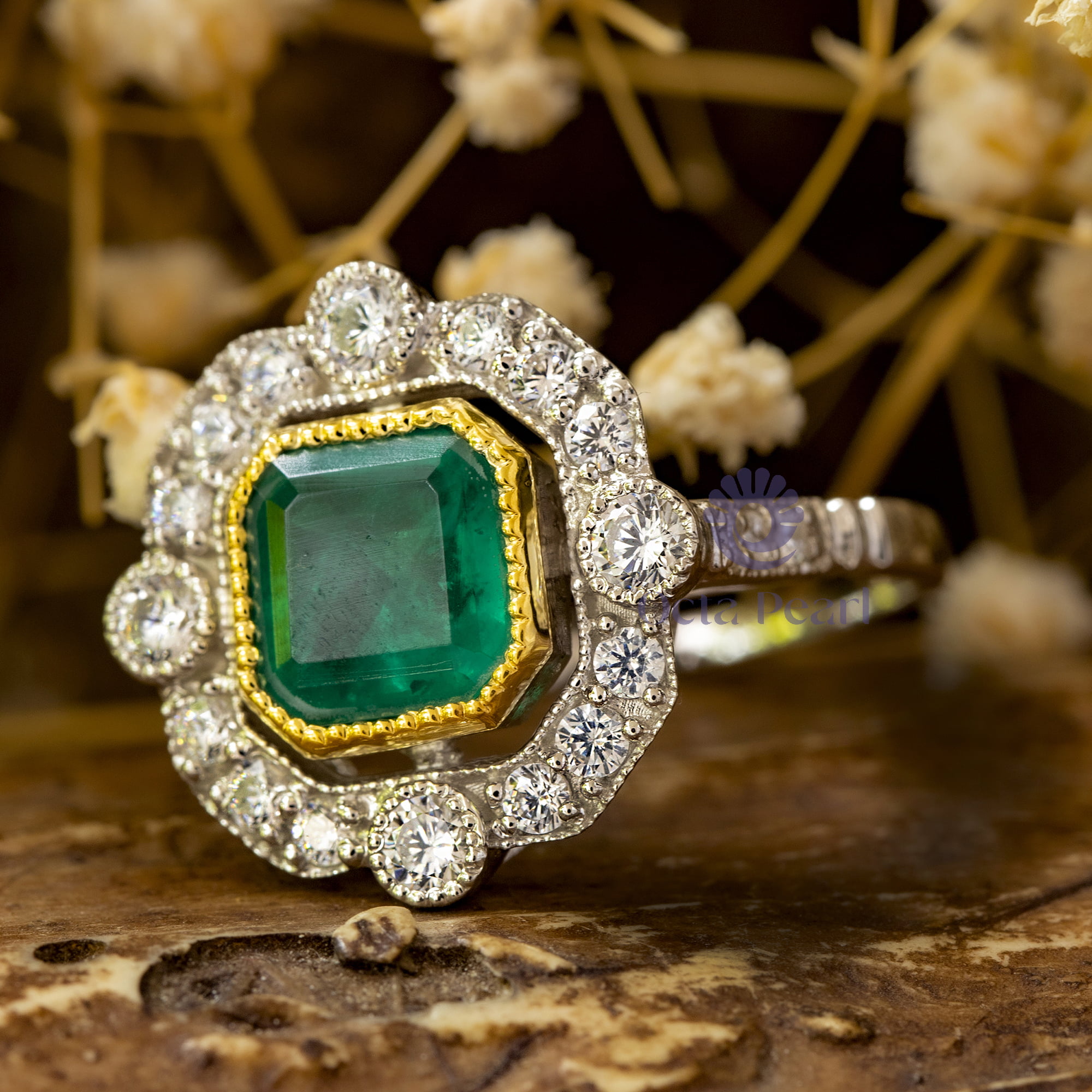 Green Asscher Cut CZ Stone Milgrain Bezel Set Halo Vintage Art Deco Style Wedding Ring ( 3 8/9 TCW)