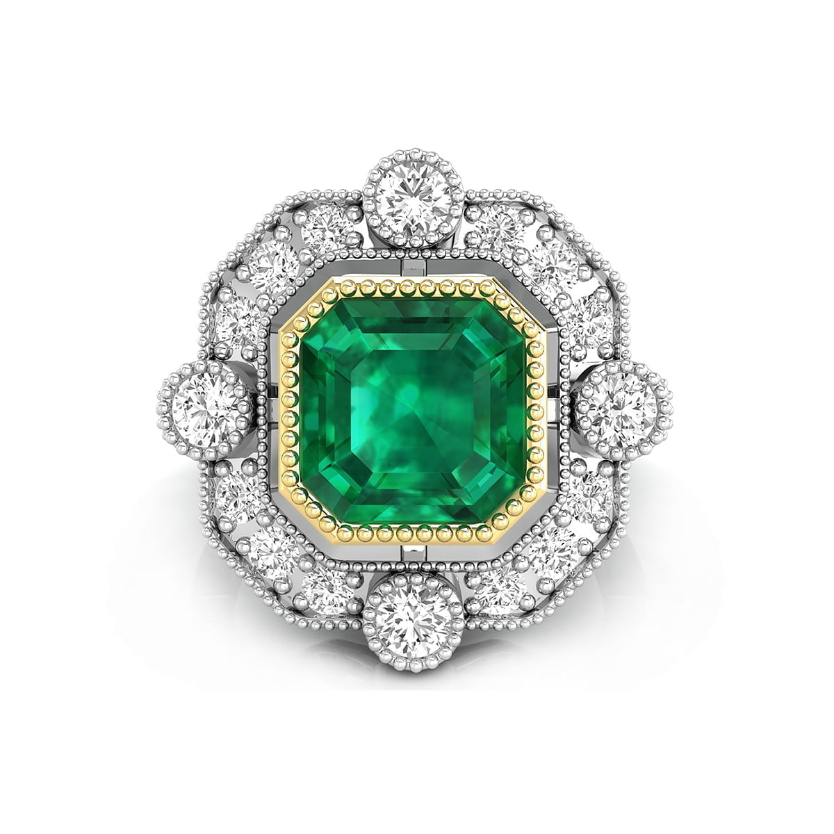 Green Asscher Cut CZ Stone Milgrain Bezel Set Halo Vintage Art Deco Style Wedding Ring