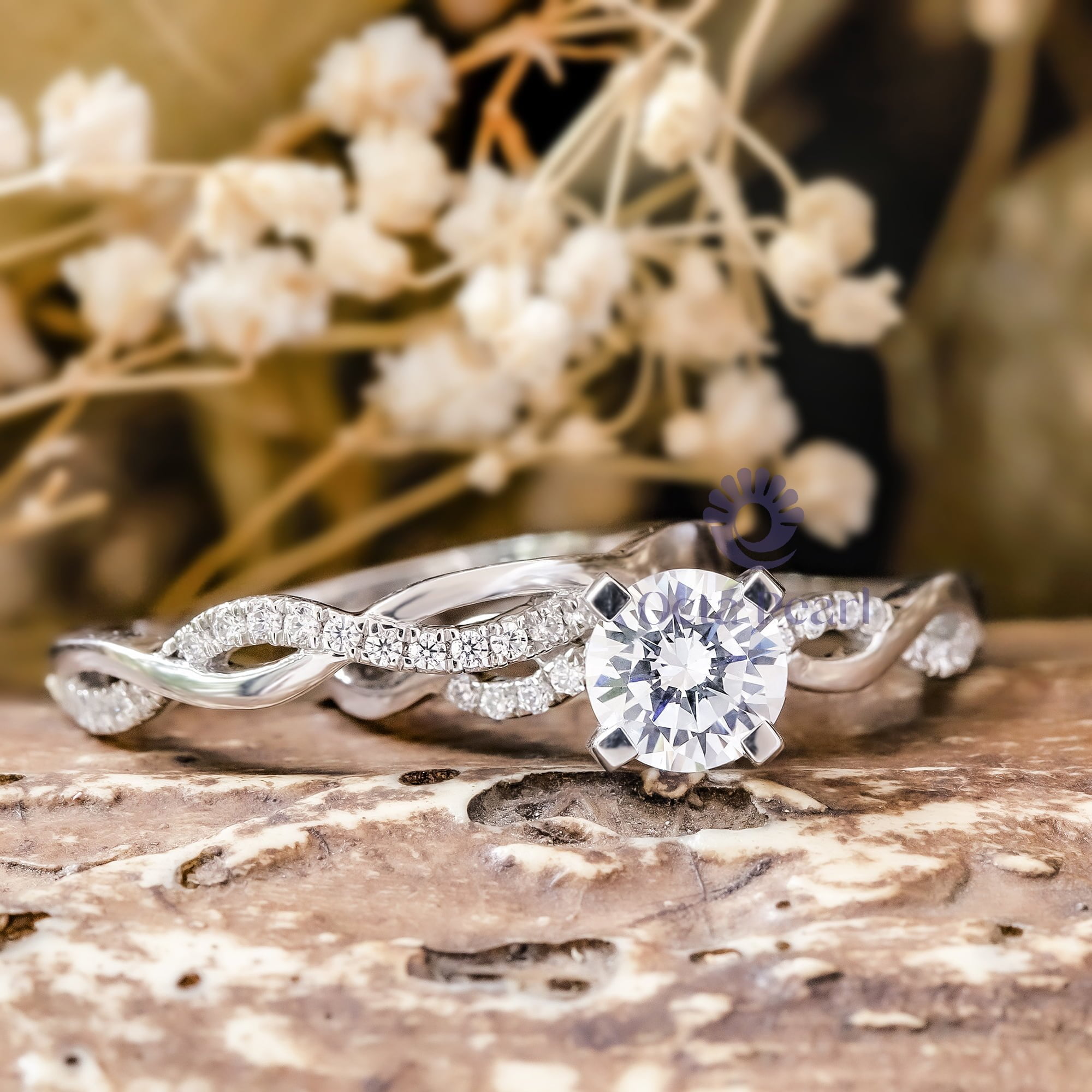 Twisted Shank Round Cut Moissanite Solitaire With Accent Wedding Stackable Ring Set (1 7/10 TCW)