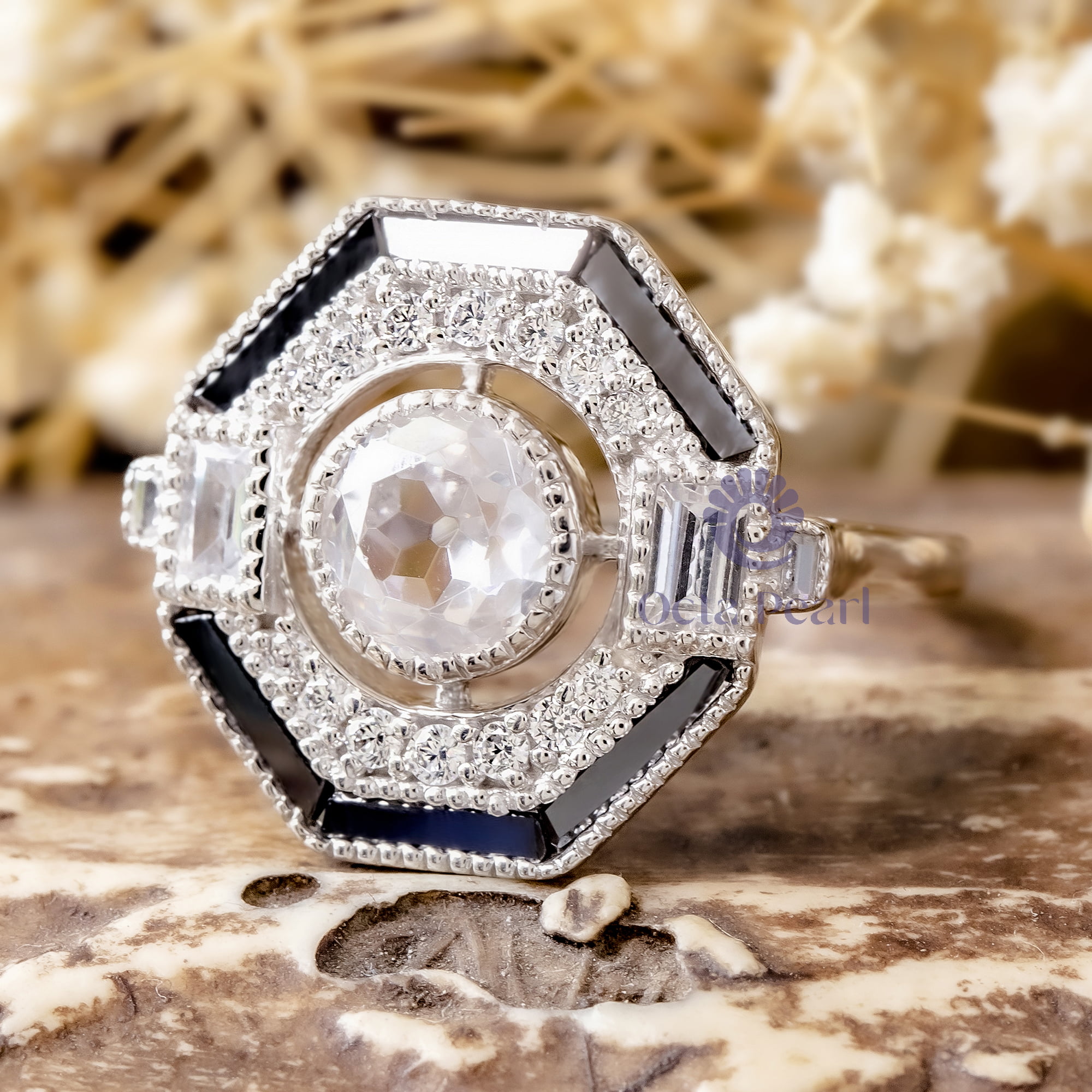 7 MM Old European Cut CZ Stone Geometric Bezel Set Art Deco Engagement Ring