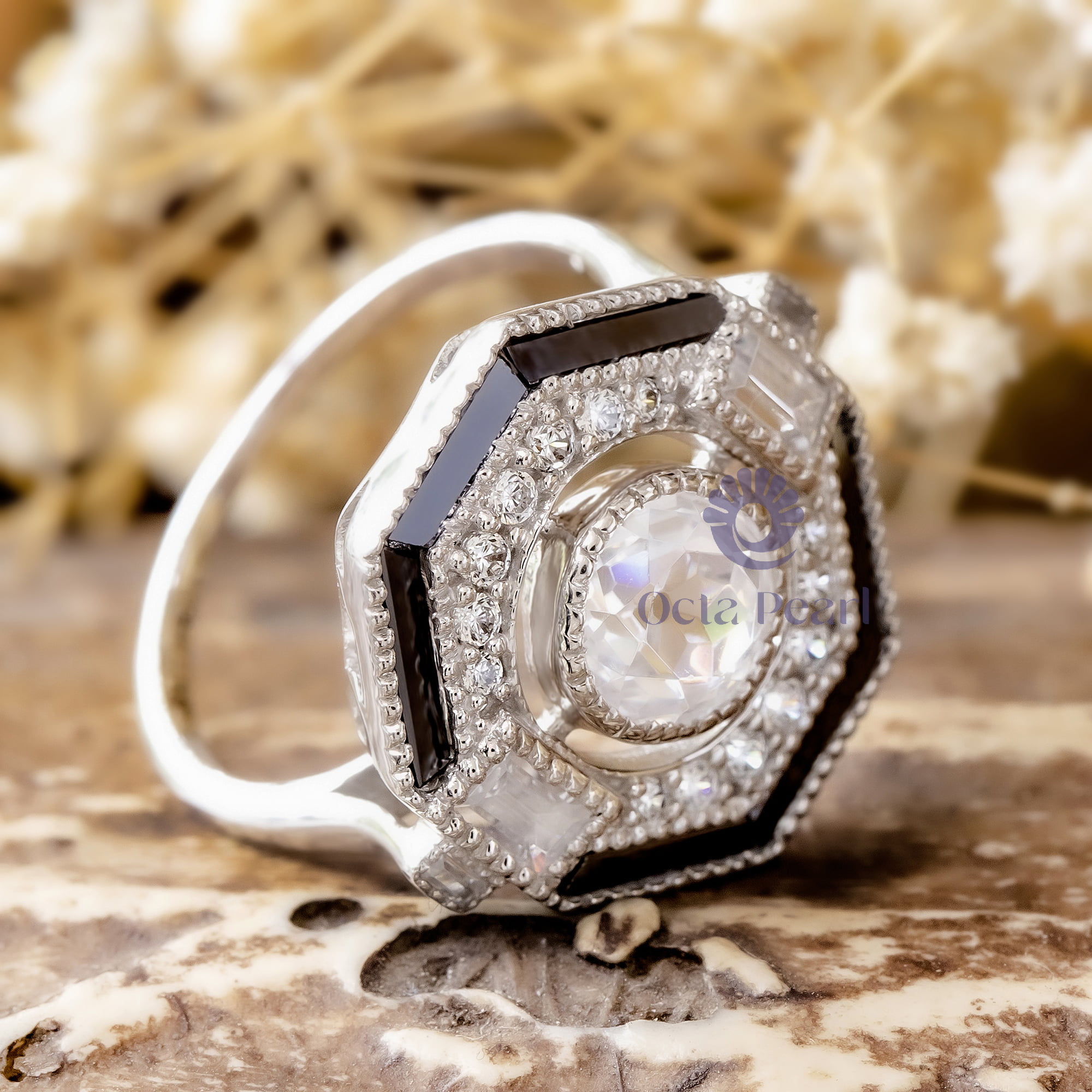 7 MM Old European Cut With Black Onyx CZ Stone Geometric Bezel Set Art Deco Engagement Ring
