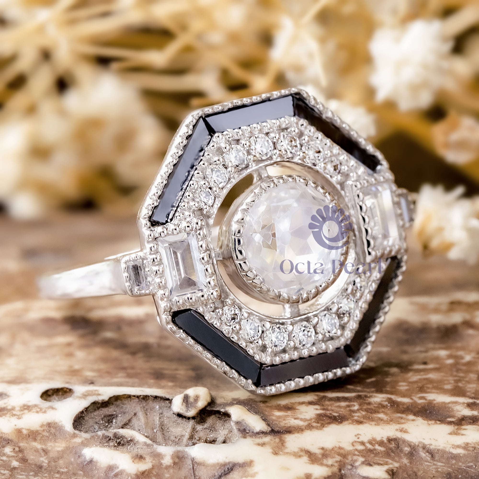 7 MM Old European Cut With Black Onyx CZ Stone Geometric Bezel Set Art Deco Engagement Ring