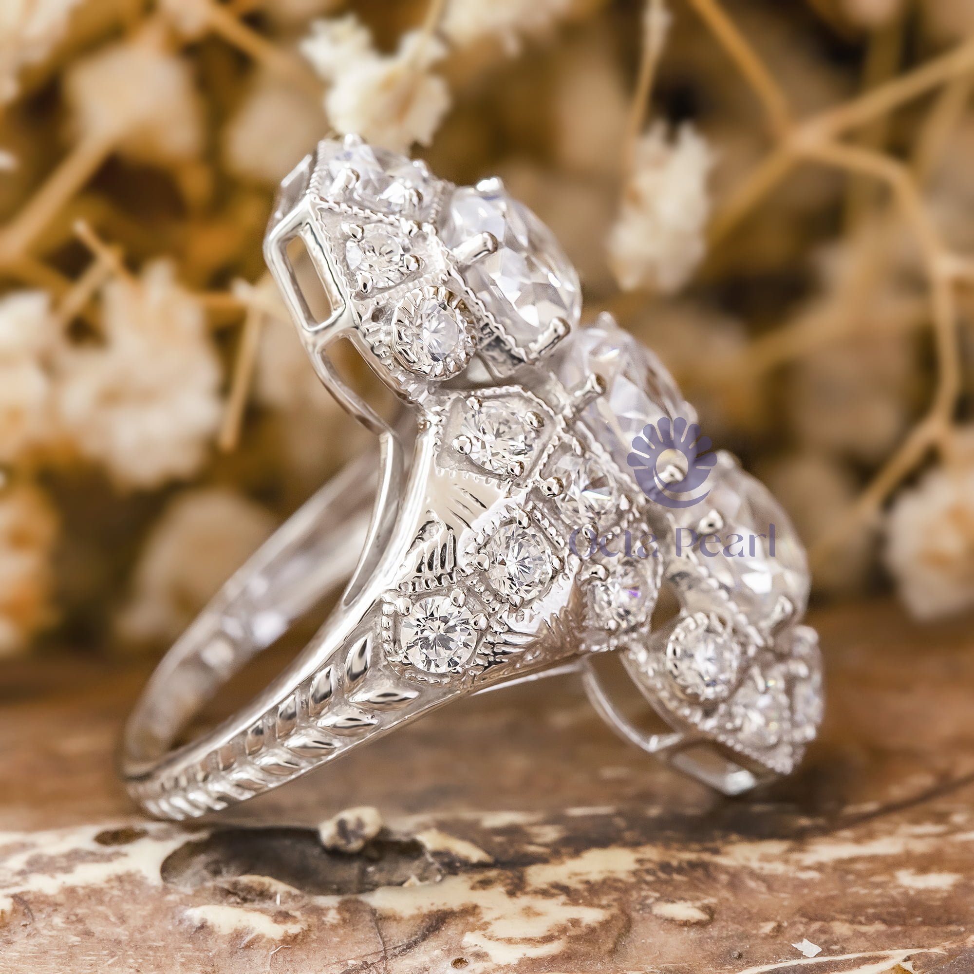 Milgrain Bezel Set Old European Cut Moissanite Three Stone Art Deco Navette Ring For Wedding