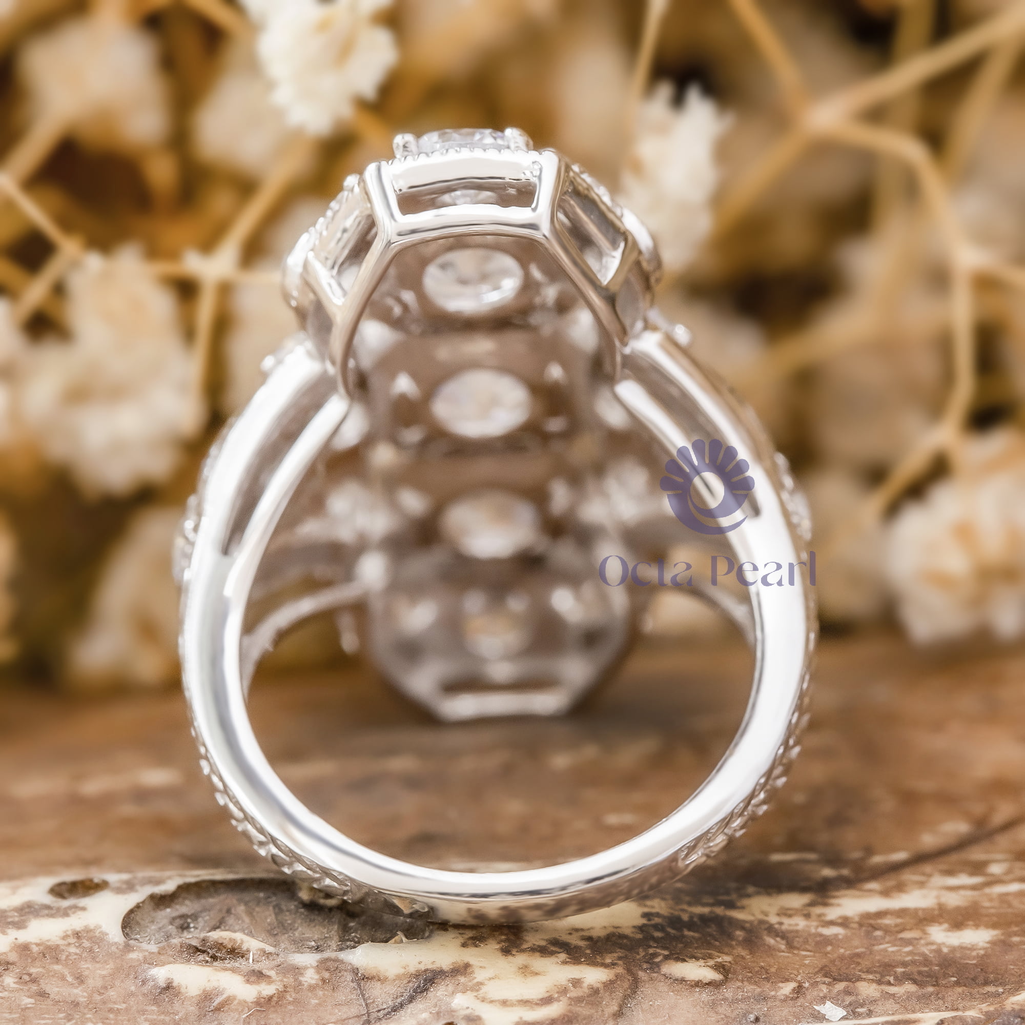 Milgrain Bezel Set Old European Cut Moissanite Three Stone Art Deco Navette Ring For Wedding