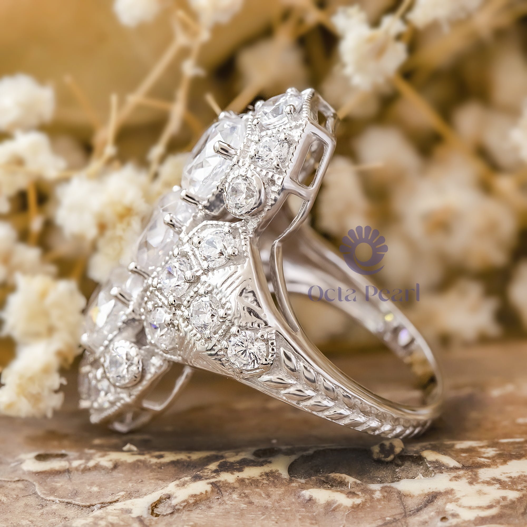 Milgrain Bezel Set Old European Cut Moissanite Three Stone Art Deco Navette Ring For Wedding
