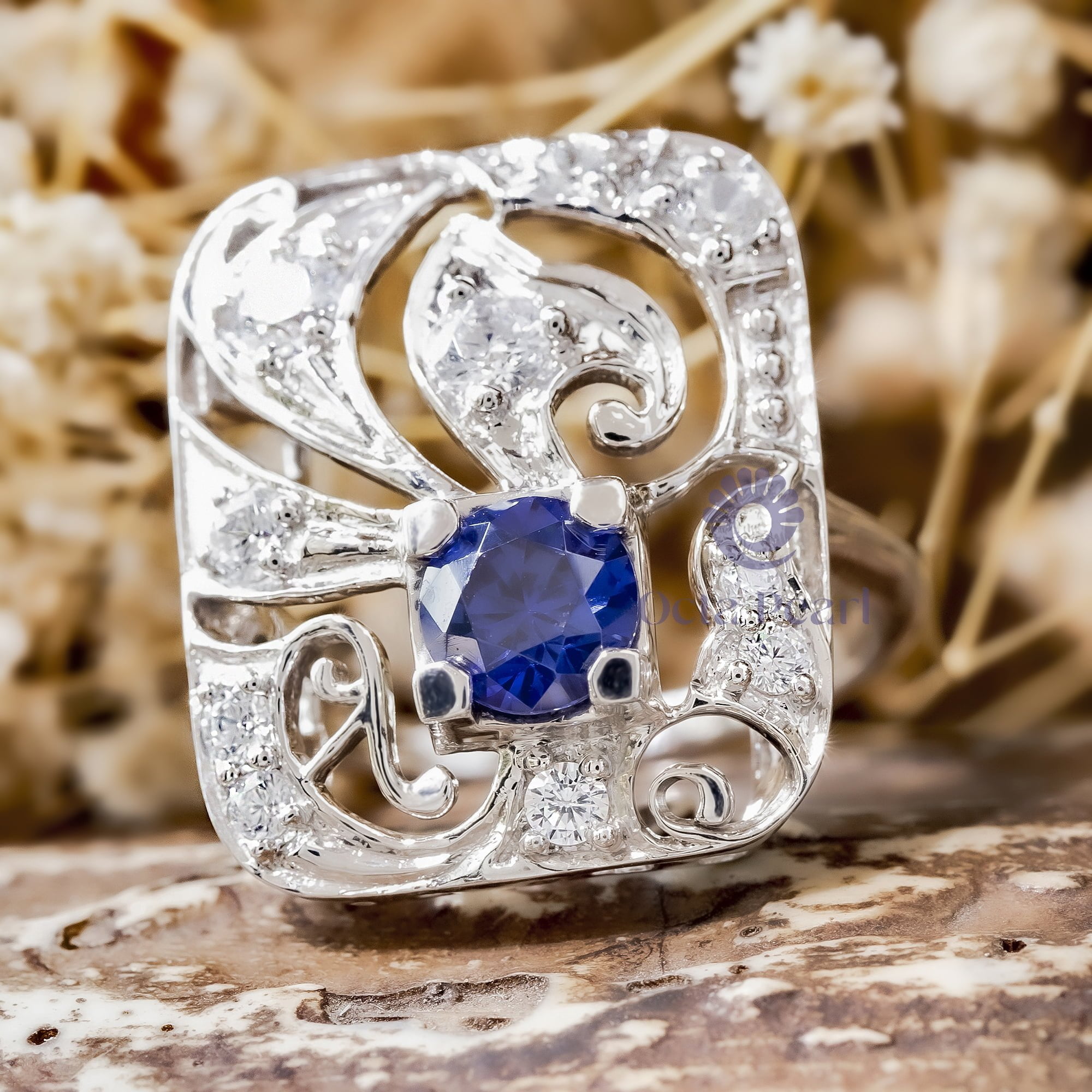 Blue Sapphire & White Round Cut Vintage Wedding Ring