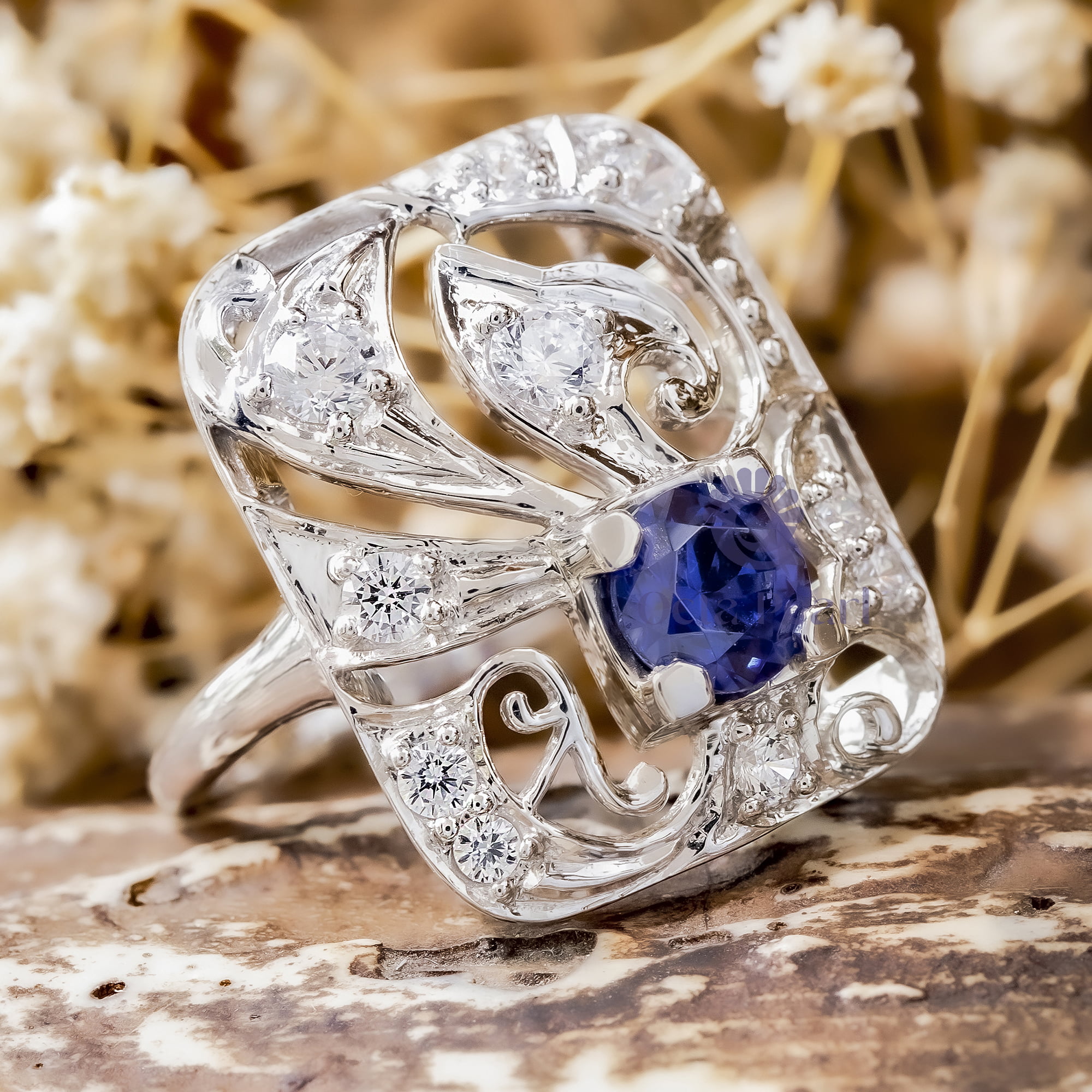 6.50 MM Blue Sapphire & White Round Cut CZ Stone Openwork Art Deco Dinner Vintage Wedding Ring