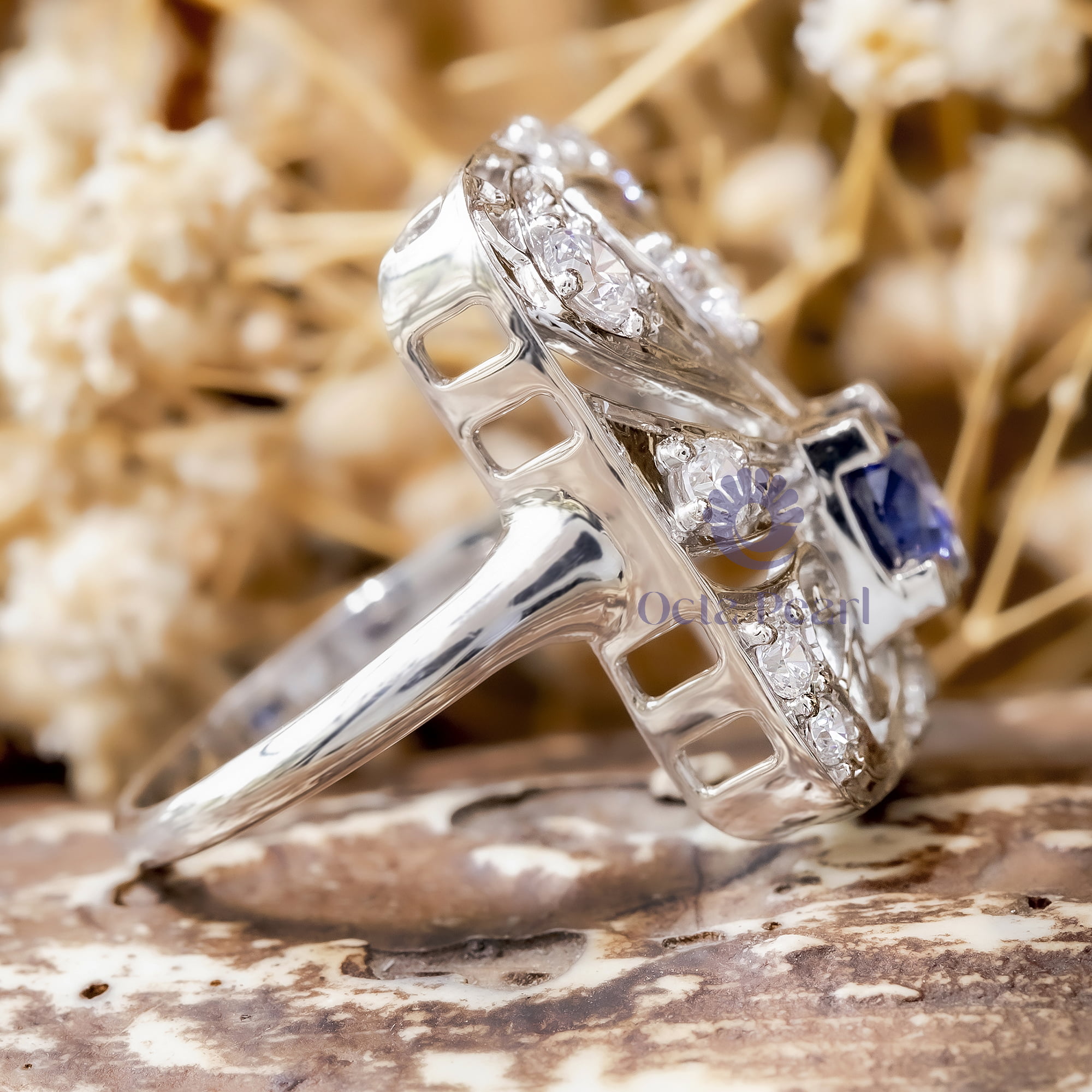 6.50 MM Blue Sapphire & White Round Cut CZ Stone Openwork Art Deco Dinner Vintage Wedding Ring