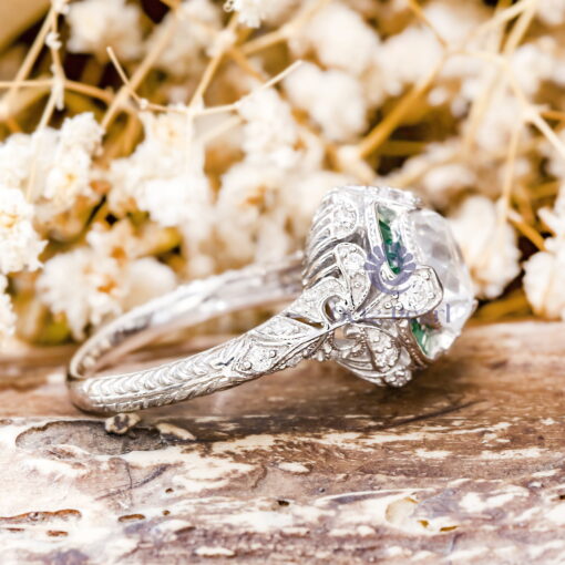 Old European Cut With Green Baguette CZ Stone Vintage Art Deco Engagement Or Anniversary Gift Ring