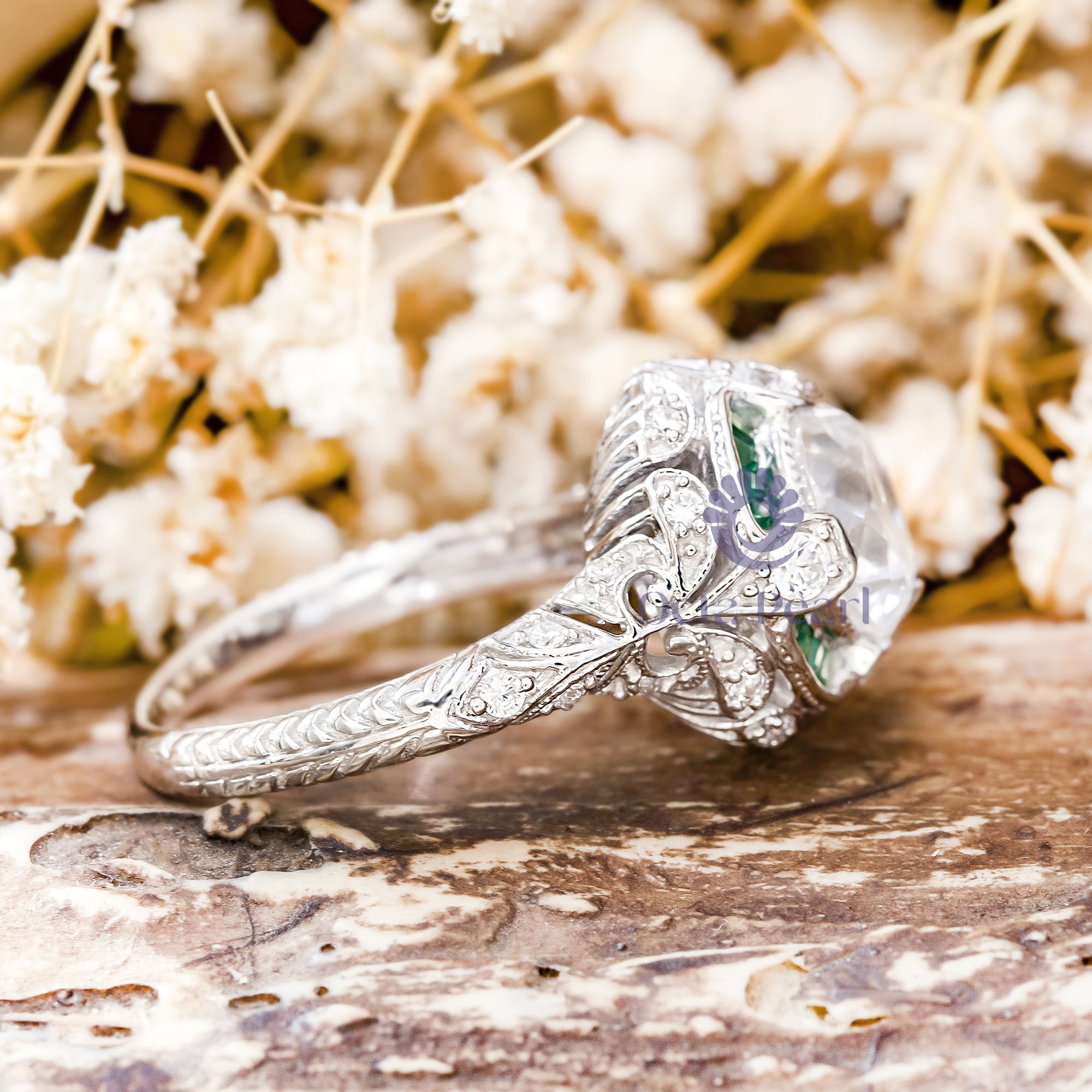 Old European Cut With Green Baguette CZ Stone Vintage Art Deco Engagement Or Anniversary Gift Ring ( 3 7/10 TCW)