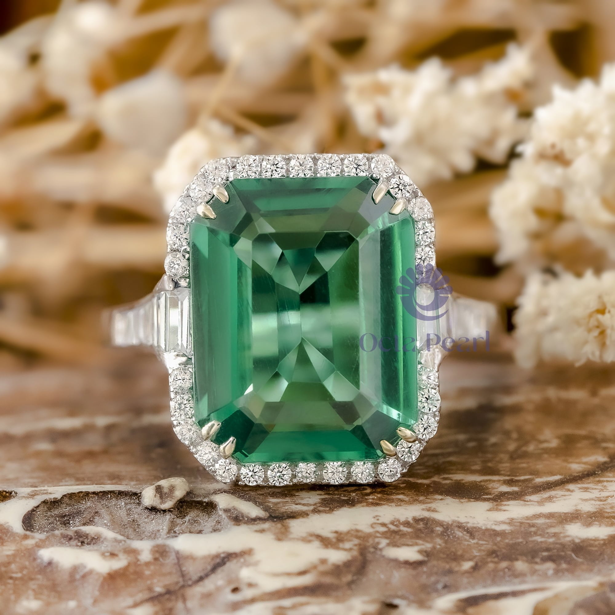 Green Emerald Cut CZ Stone Halo Set Channel Setting Wedding Engagement Ring