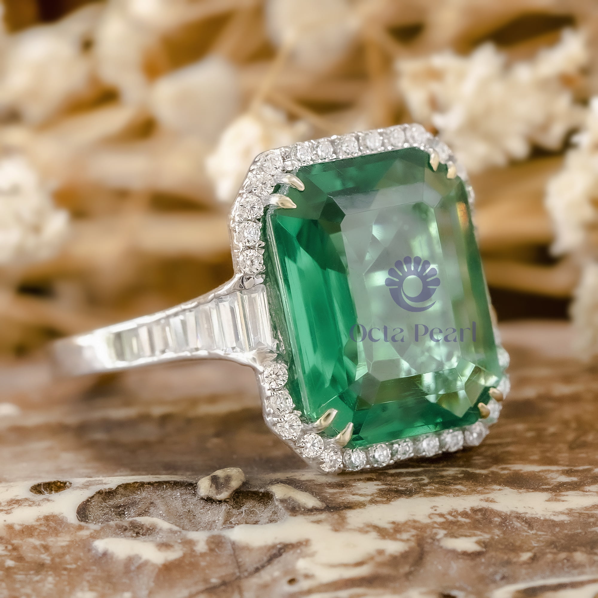 Green Emerald Cut CZ Stone Halo Set Channel Setting Wedding Engagement Ring