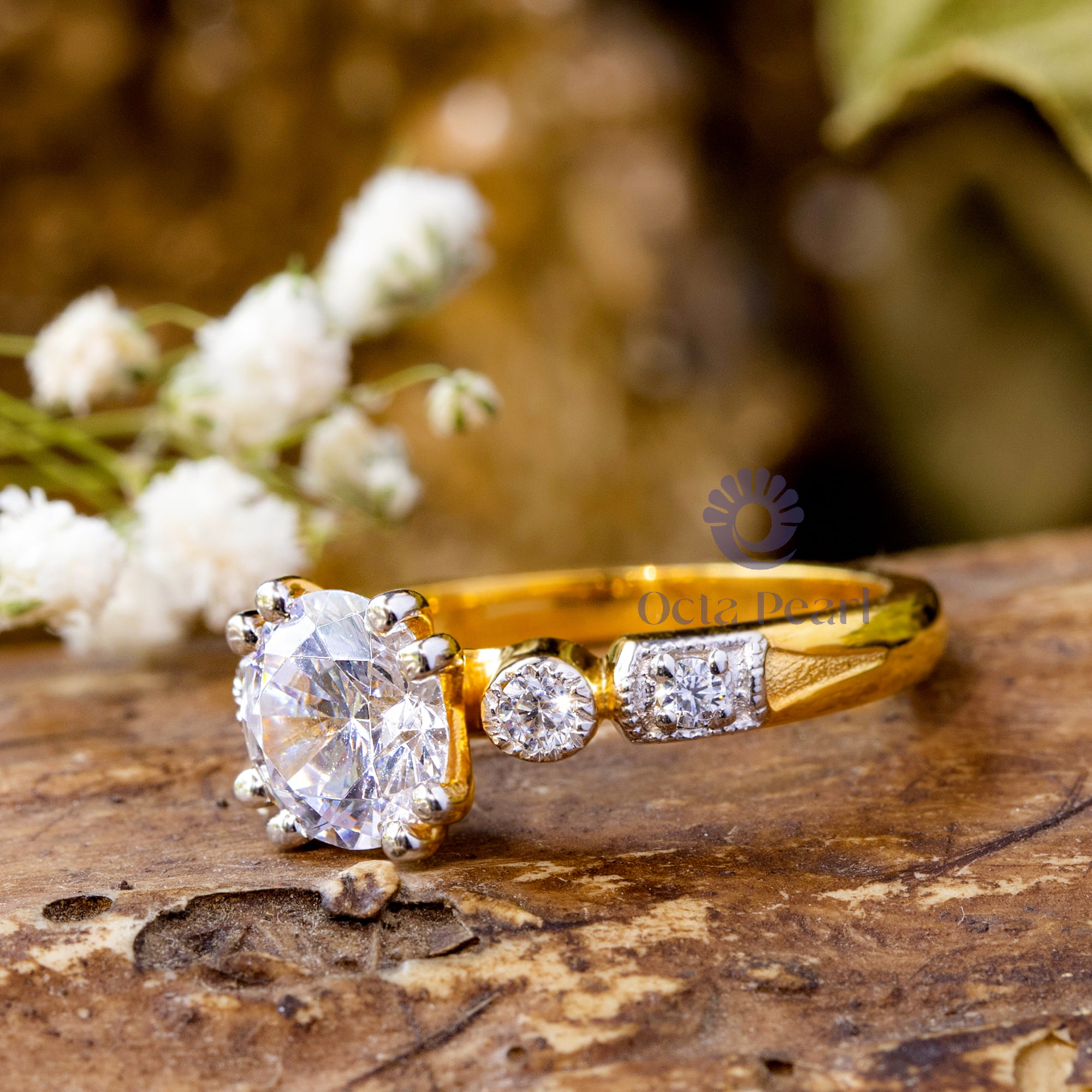 Round Cut Moissanite Milgrain Five Stone Wedding Anniversary Gift Ring ( 2 1/5 TCW)
