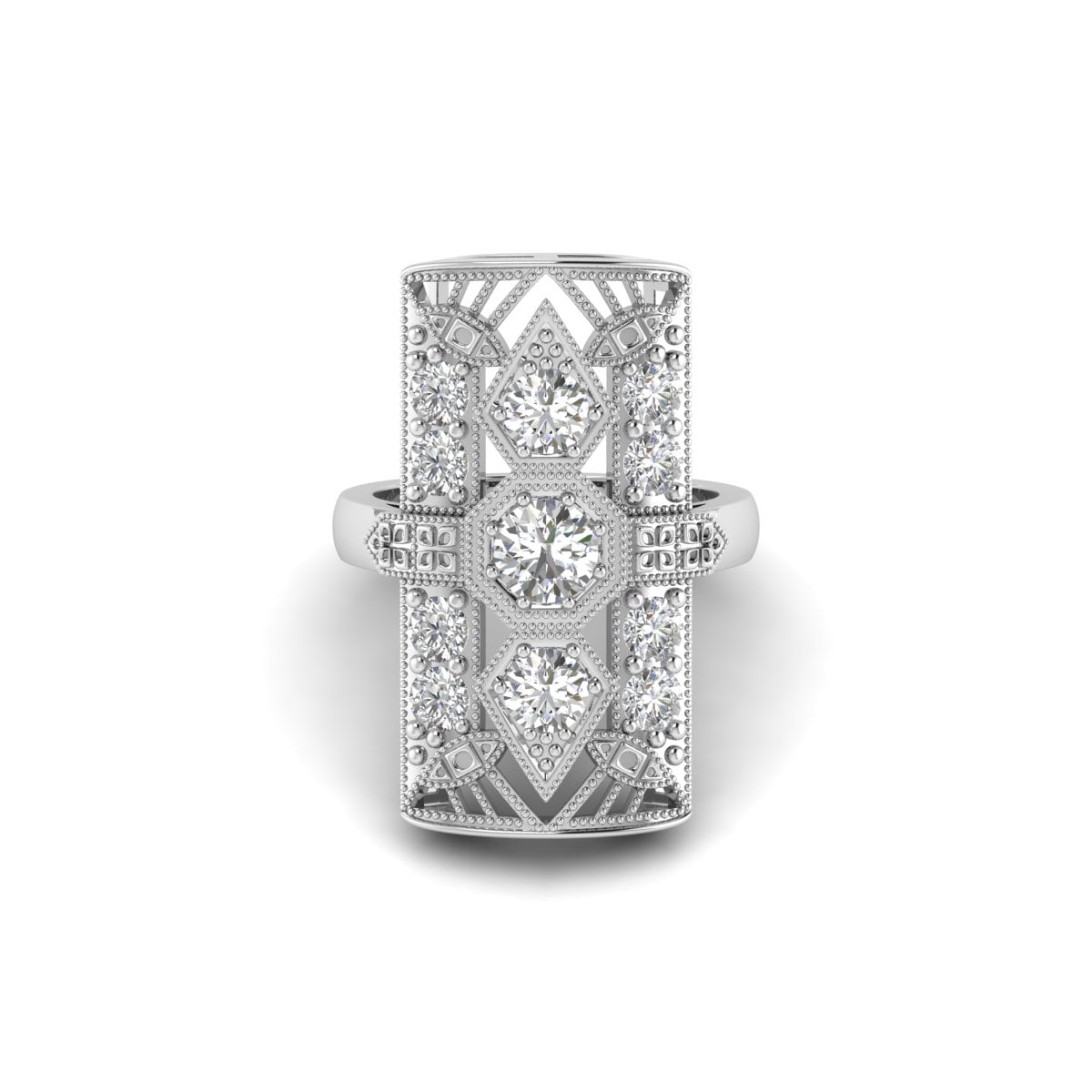 Round Cut Moissanite Three Stone Milgrain Art Deco Dinner Engagement Ring or Women ( 2 7/10 TCW )