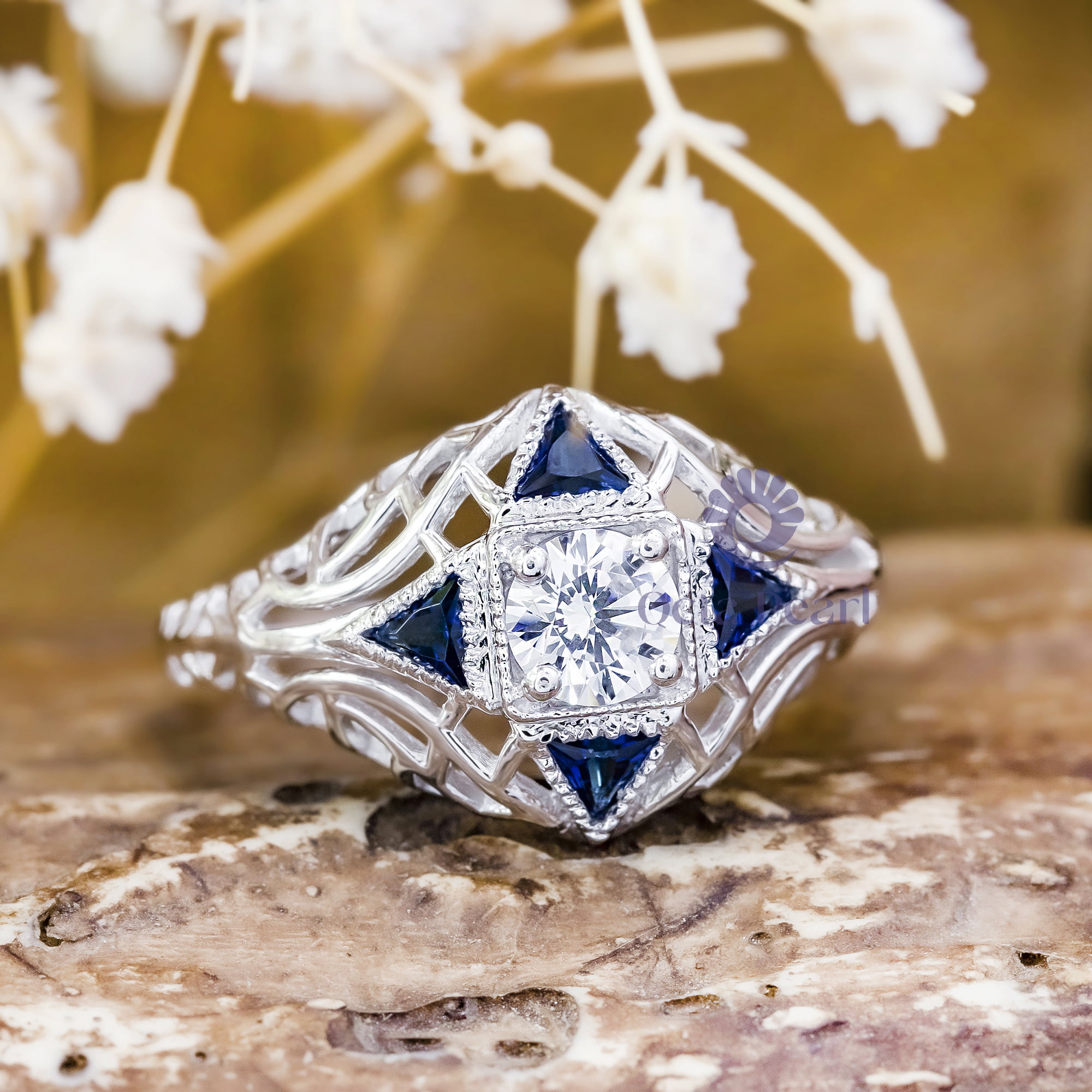 Round Or Triangle Blue Sapphire CZ Stone Antique Filigree Art Deco Vintage Engagement Ring ( 1/1 TCW)