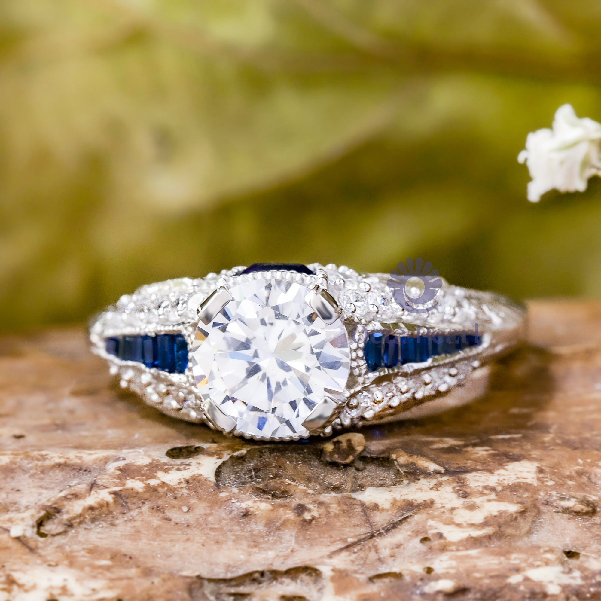 Round Cut & Baguette Blue Sapphire CZ Stone Antique Vintage Art Deco Engagement Ring