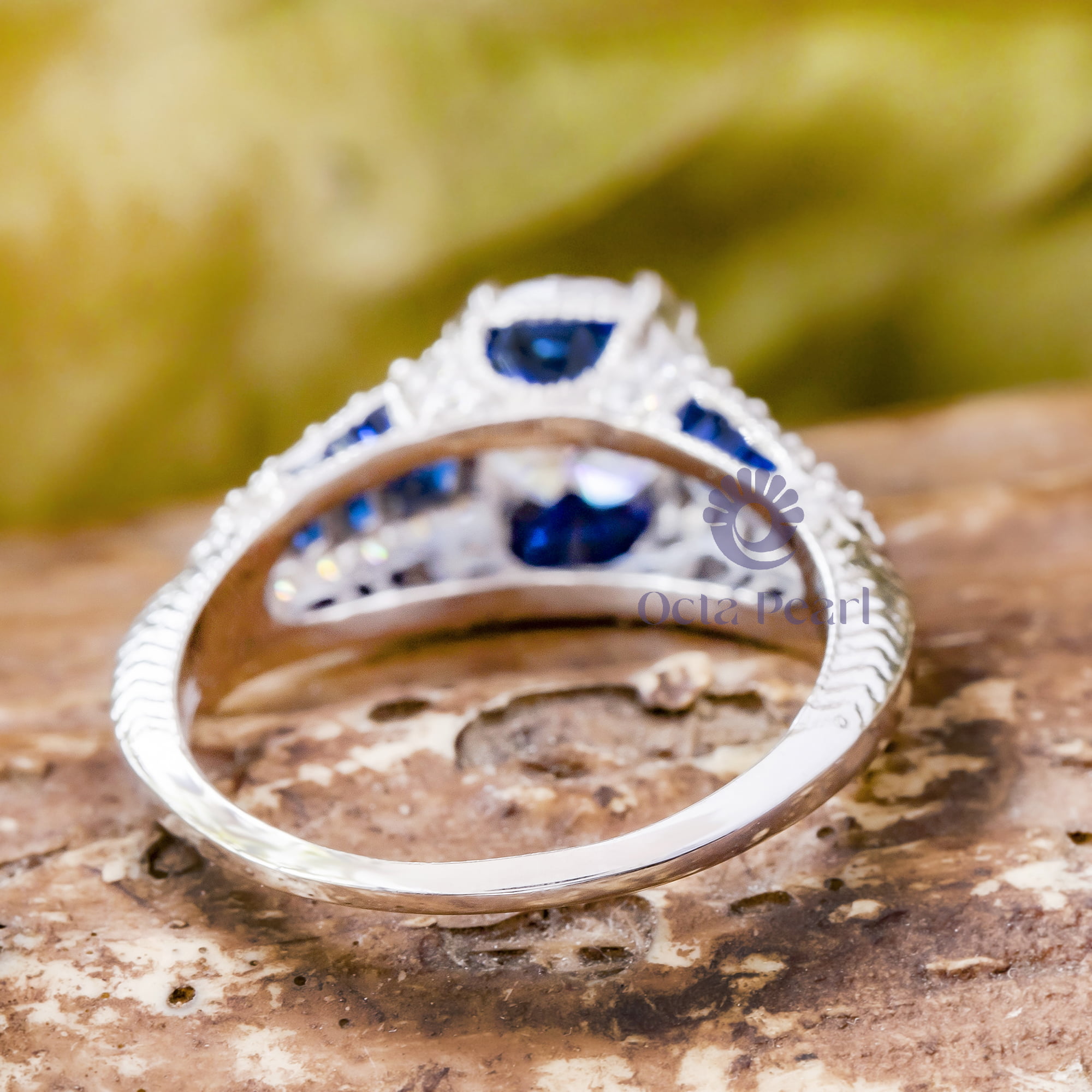 Round Cut & Baguette Blue Sapphire CZ Stone Antique Vintage Art Deco Engagement Ring