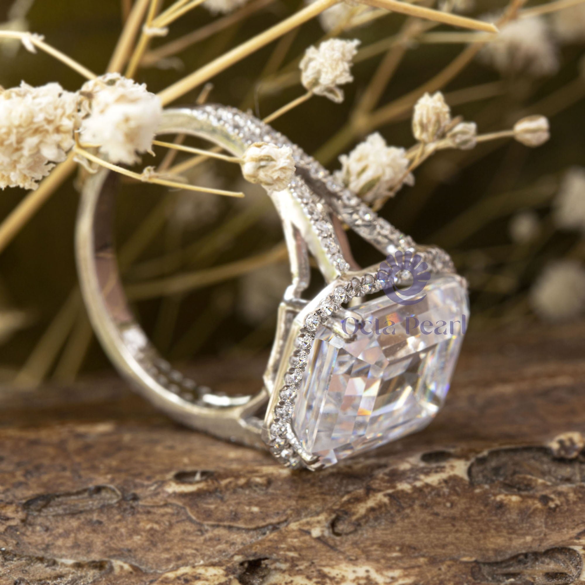 Emerald Cut CZ Stone Halo Split Shank Wedding Anniversary Gift Ring For Women