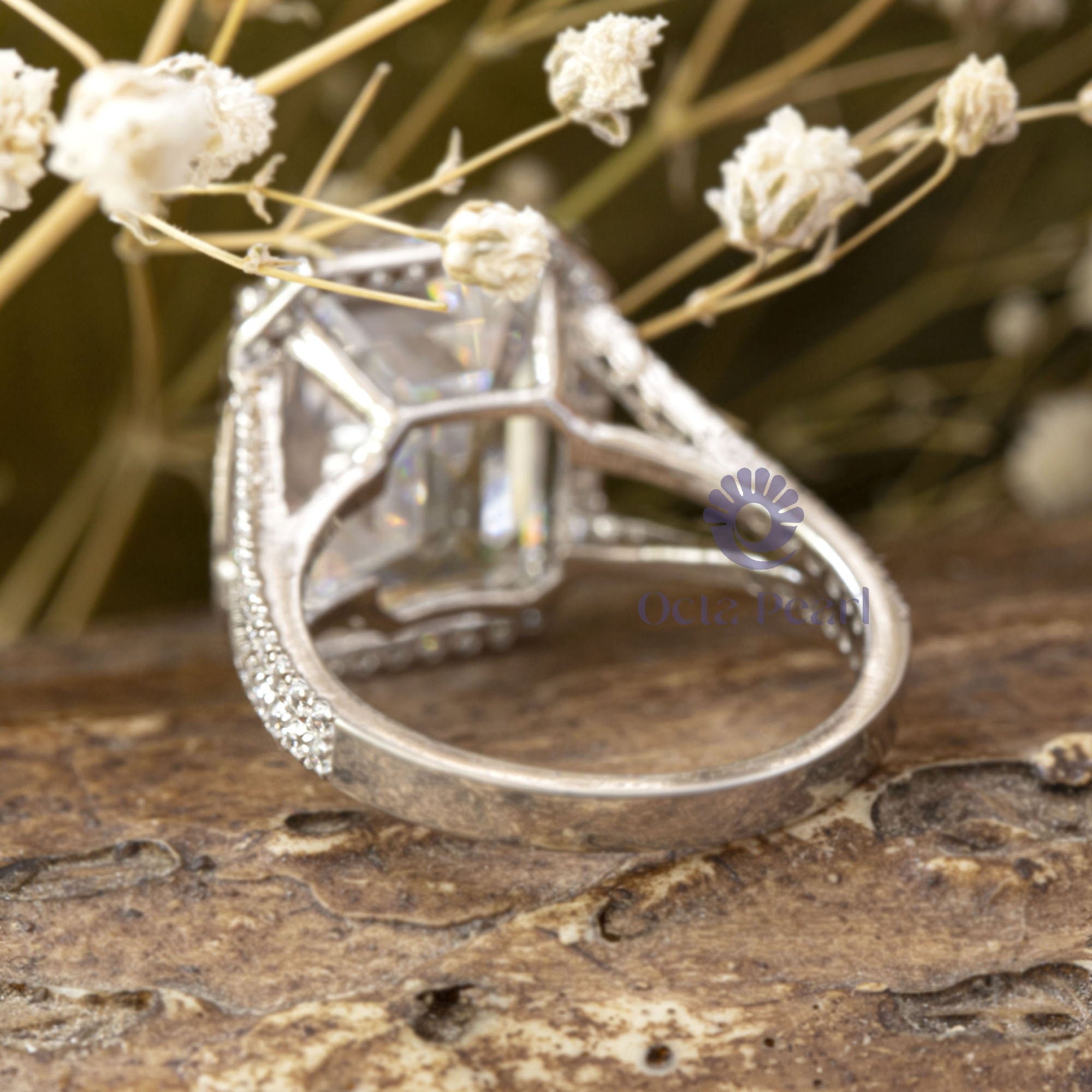 Emerald Cut CZ Stone Halo Split Shank Wedding Anniversary Gift Ring For Women