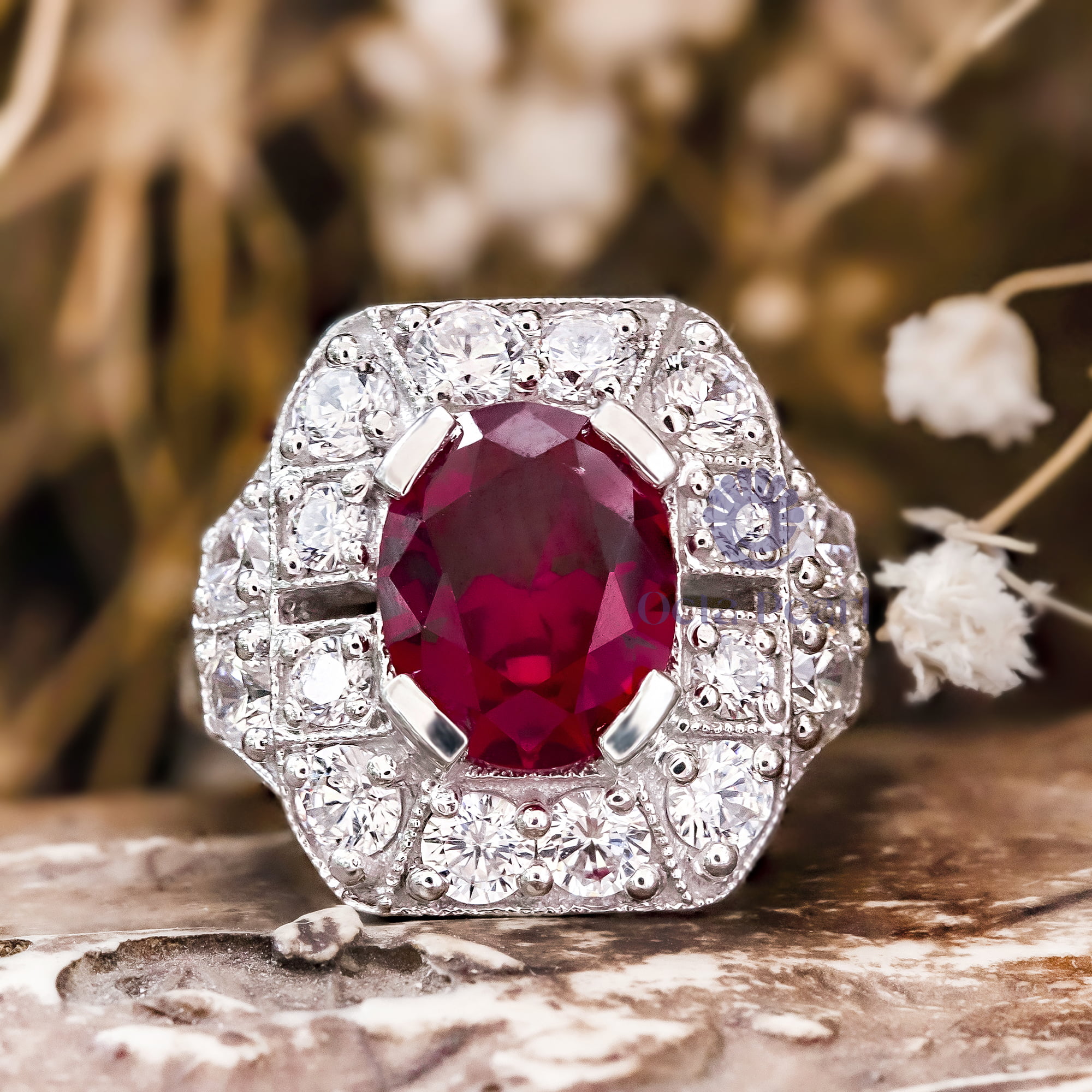 Pink Ruby Oval Cut CZ Stone Milgrain Bezel Set Halo Art Deco Vintage Wedding Ring ( 4/1 TCW)