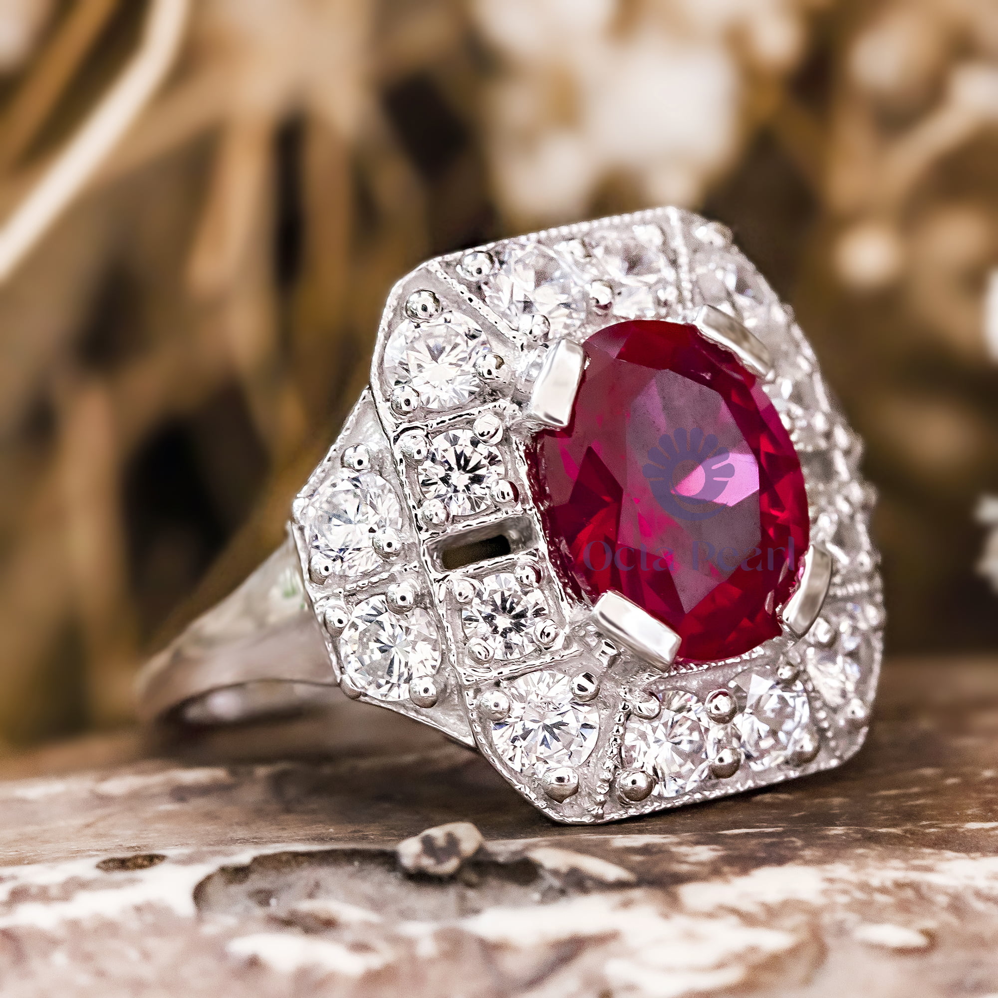 Pink Ruby Oval Cut CZ Stone Milgrain Bezel Set Halo Art Deco Vintage Wedding Ring ( 4/1 TCW)